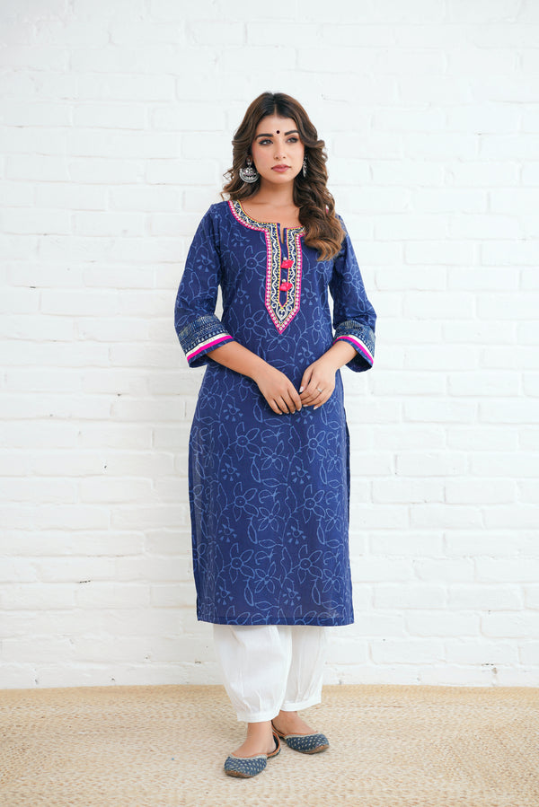 Indigo Floral Printed Cotton Kurta