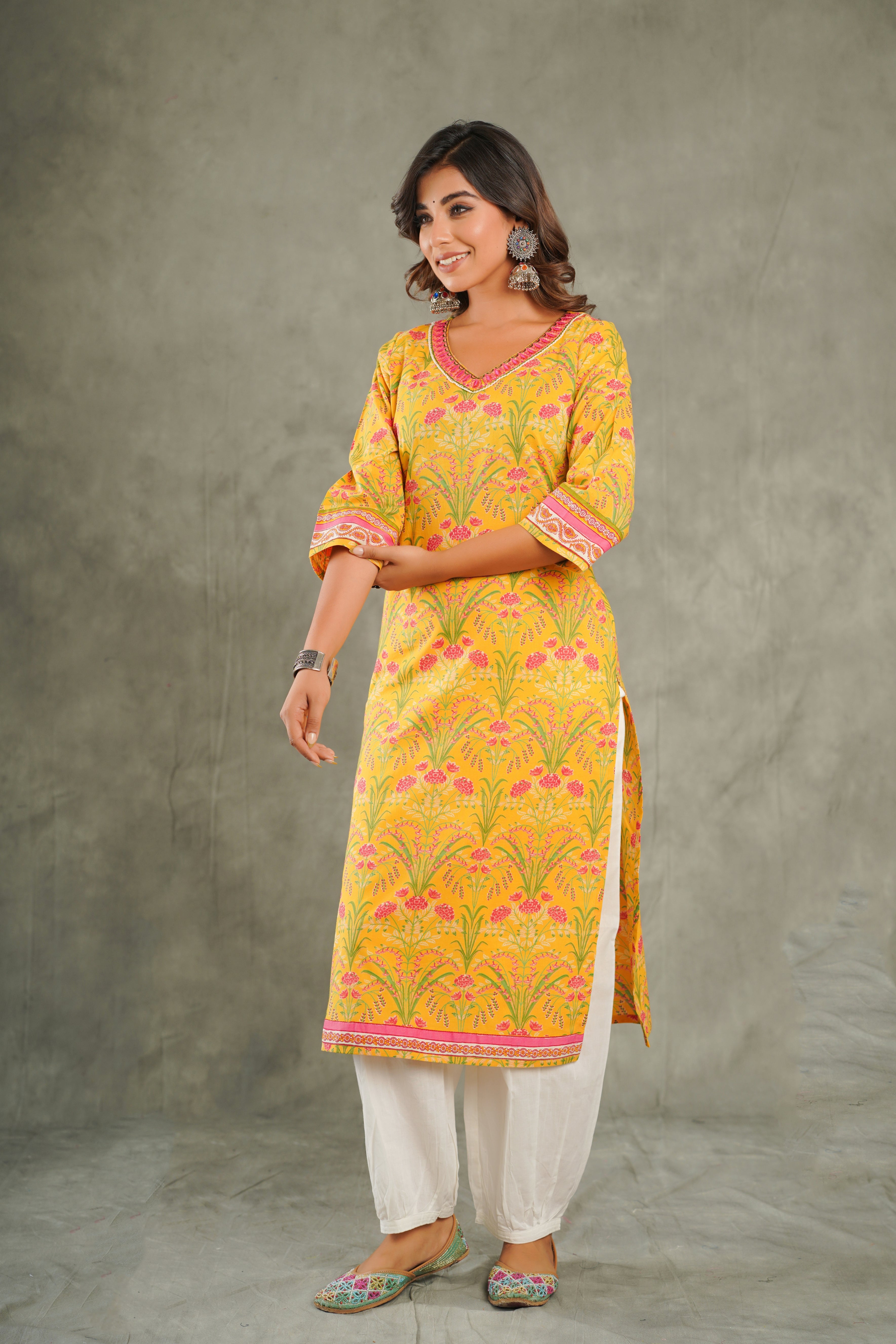 Mustard Embroidered Floral Printed Cotton Kurta