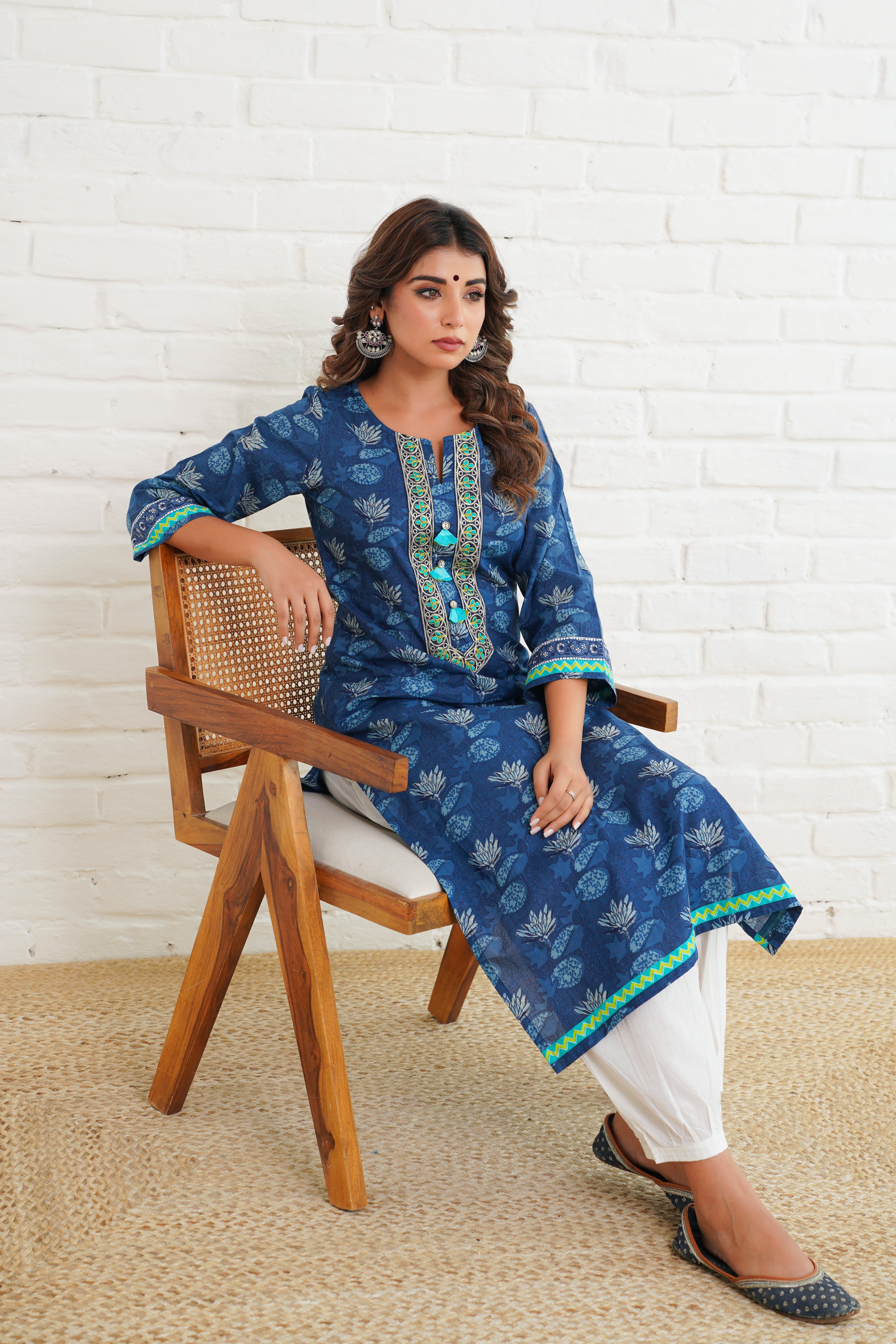 Indigo Floral Cotton Printed Kurta