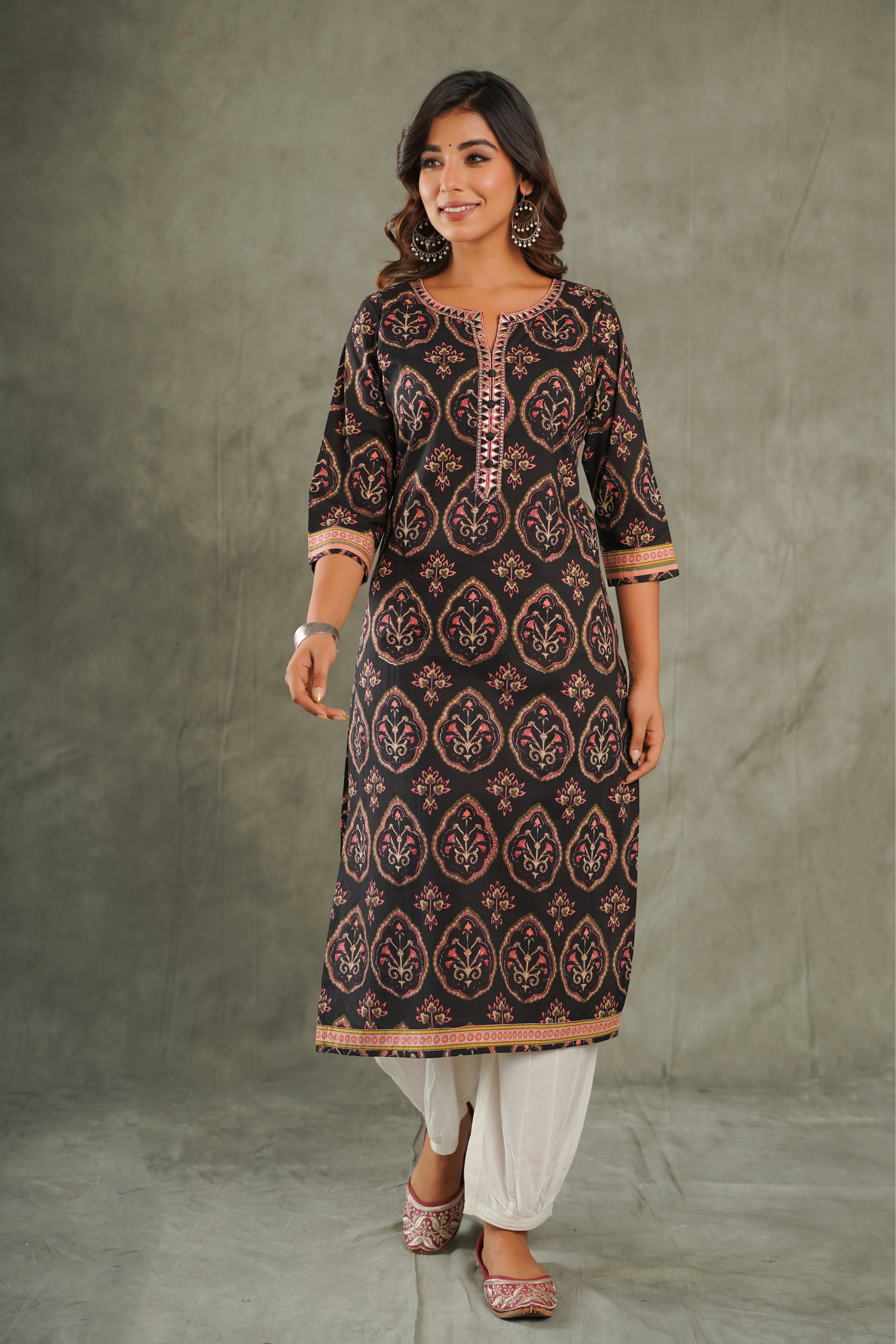 Black Motif Printed Cotton Kurta