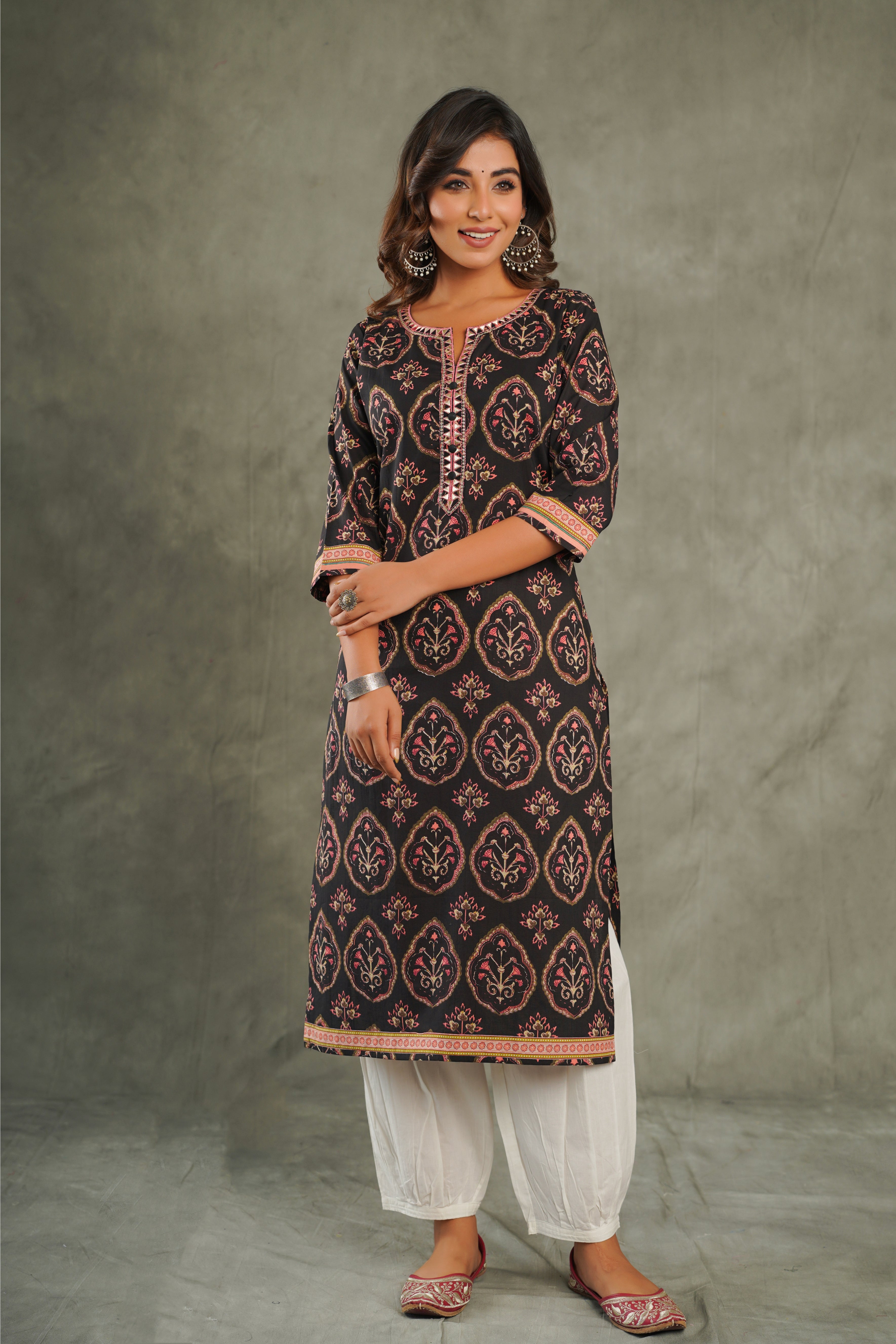 Black Motif Printed Cotton Kurta