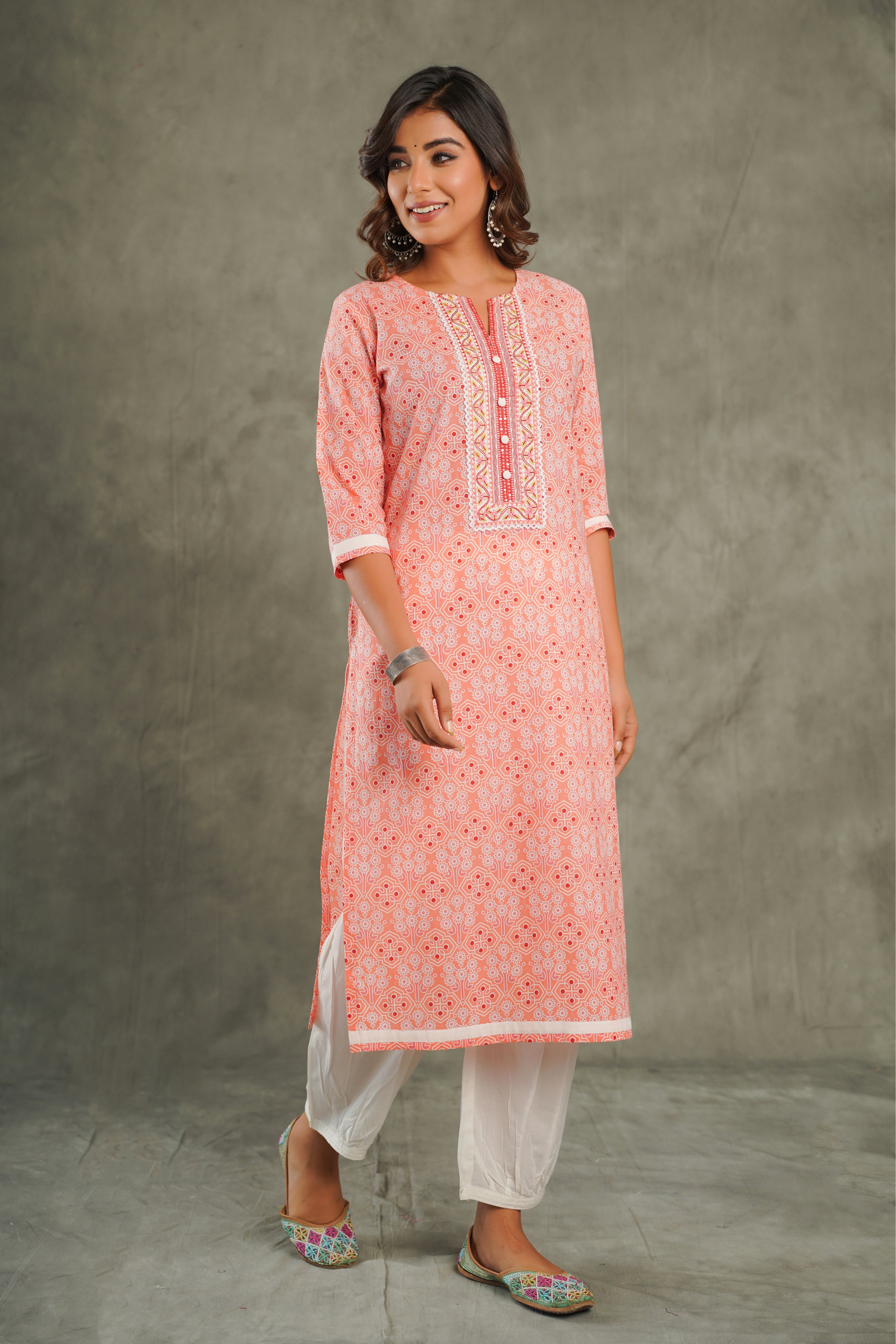 Peach Motif Printed Cotton Kurta
