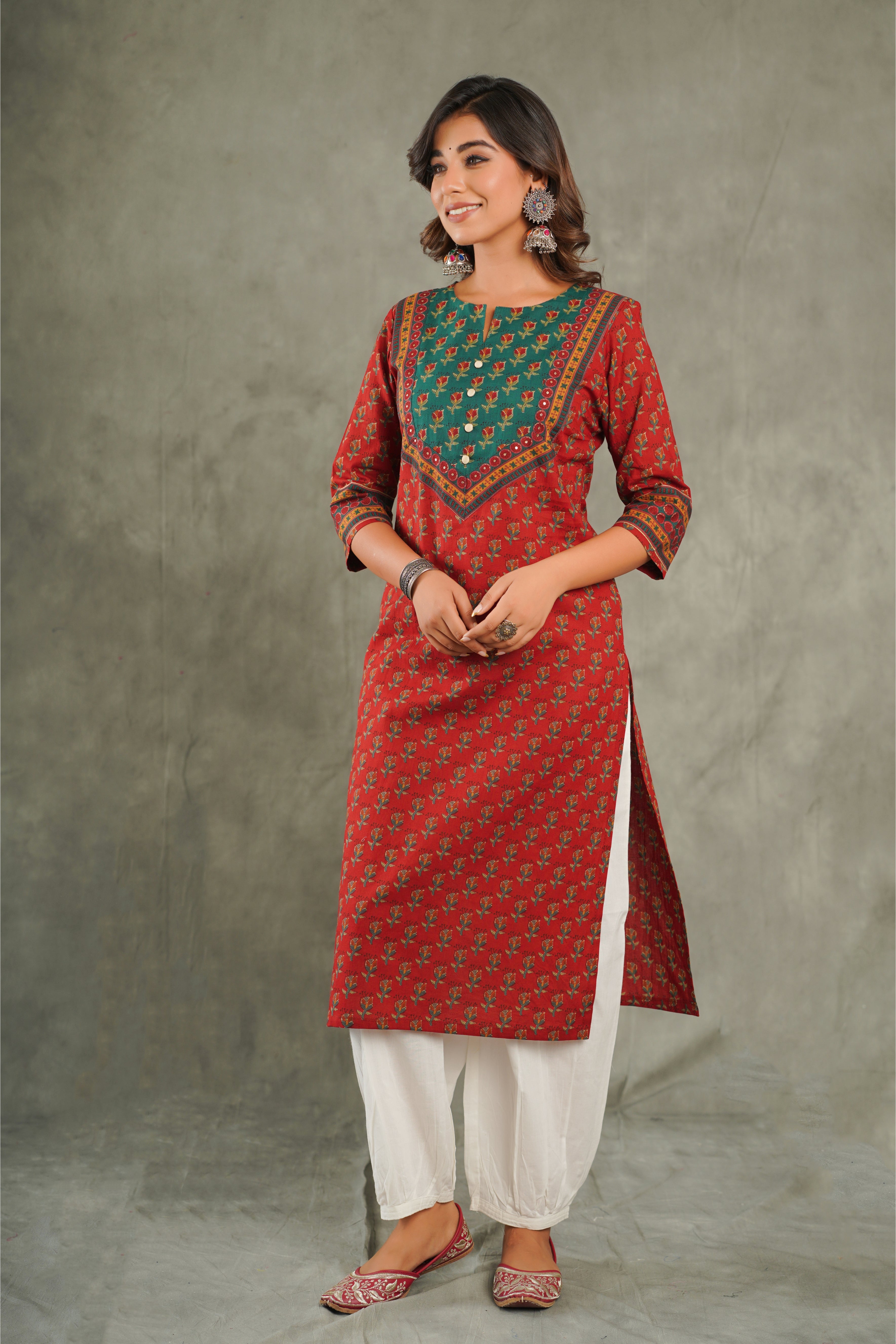 Maroon Floral Printed Cotton Kurta