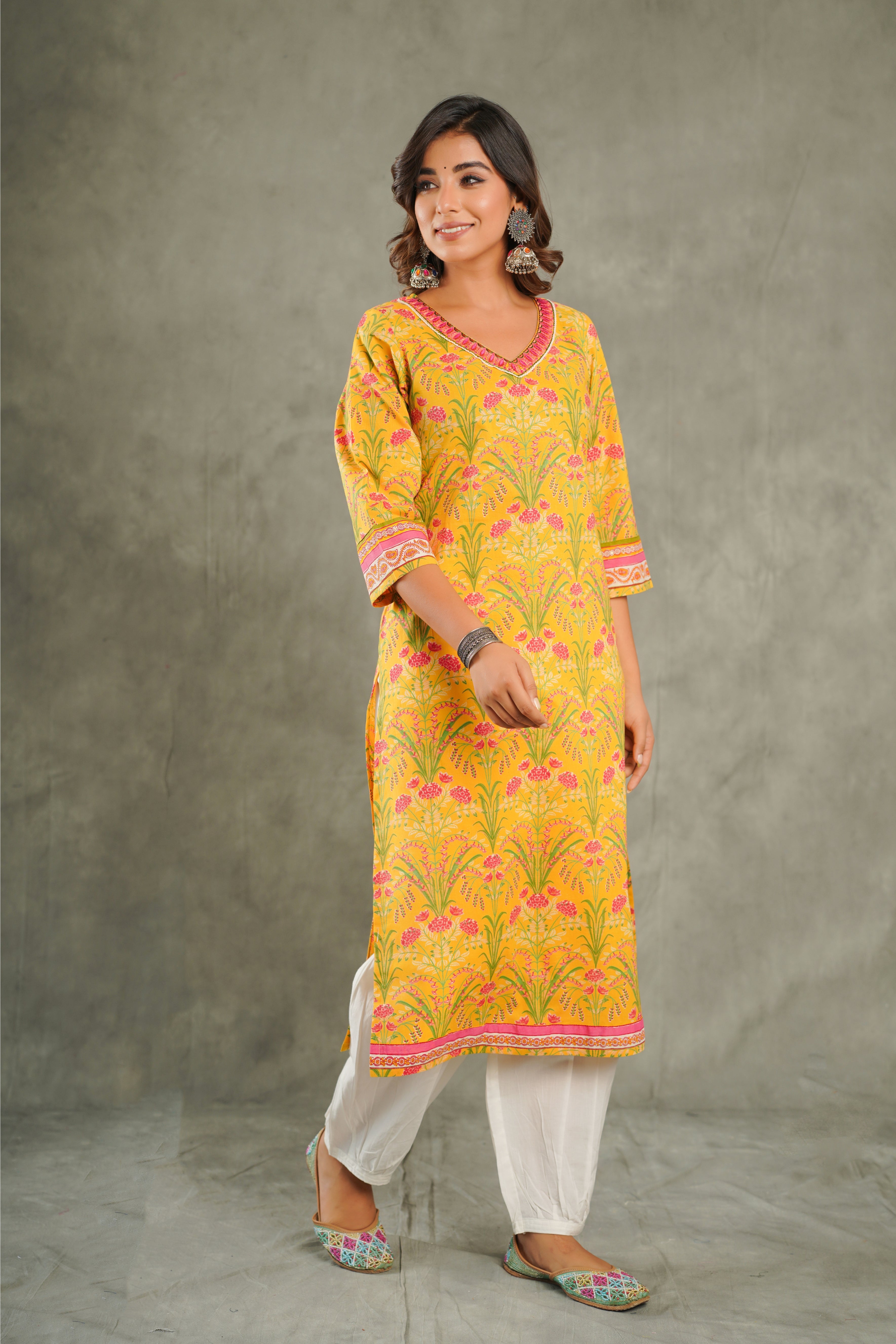 Mustard Embroidered Floral Printed Cotton Kurta