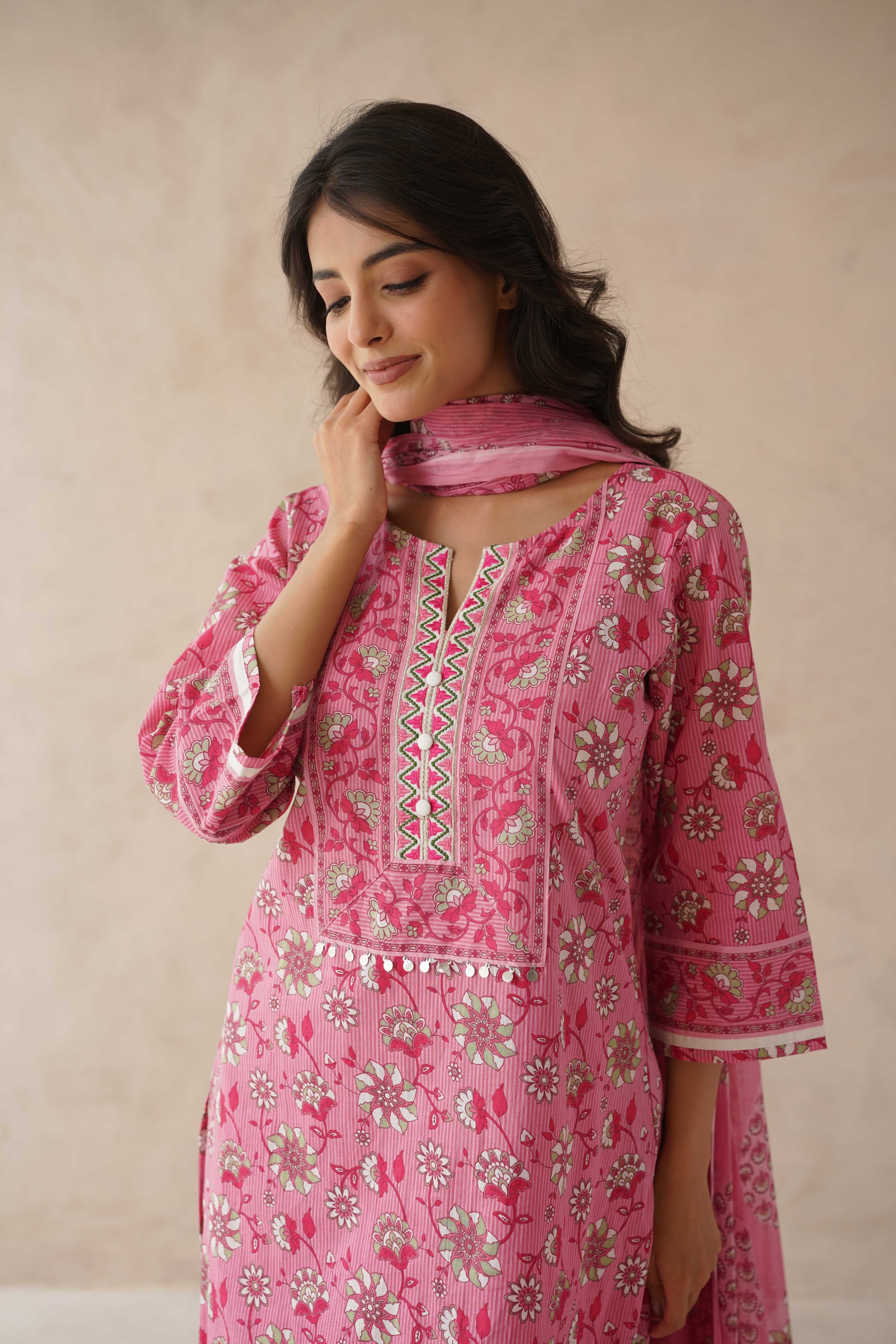 Pink Floral Cotton Suit Set