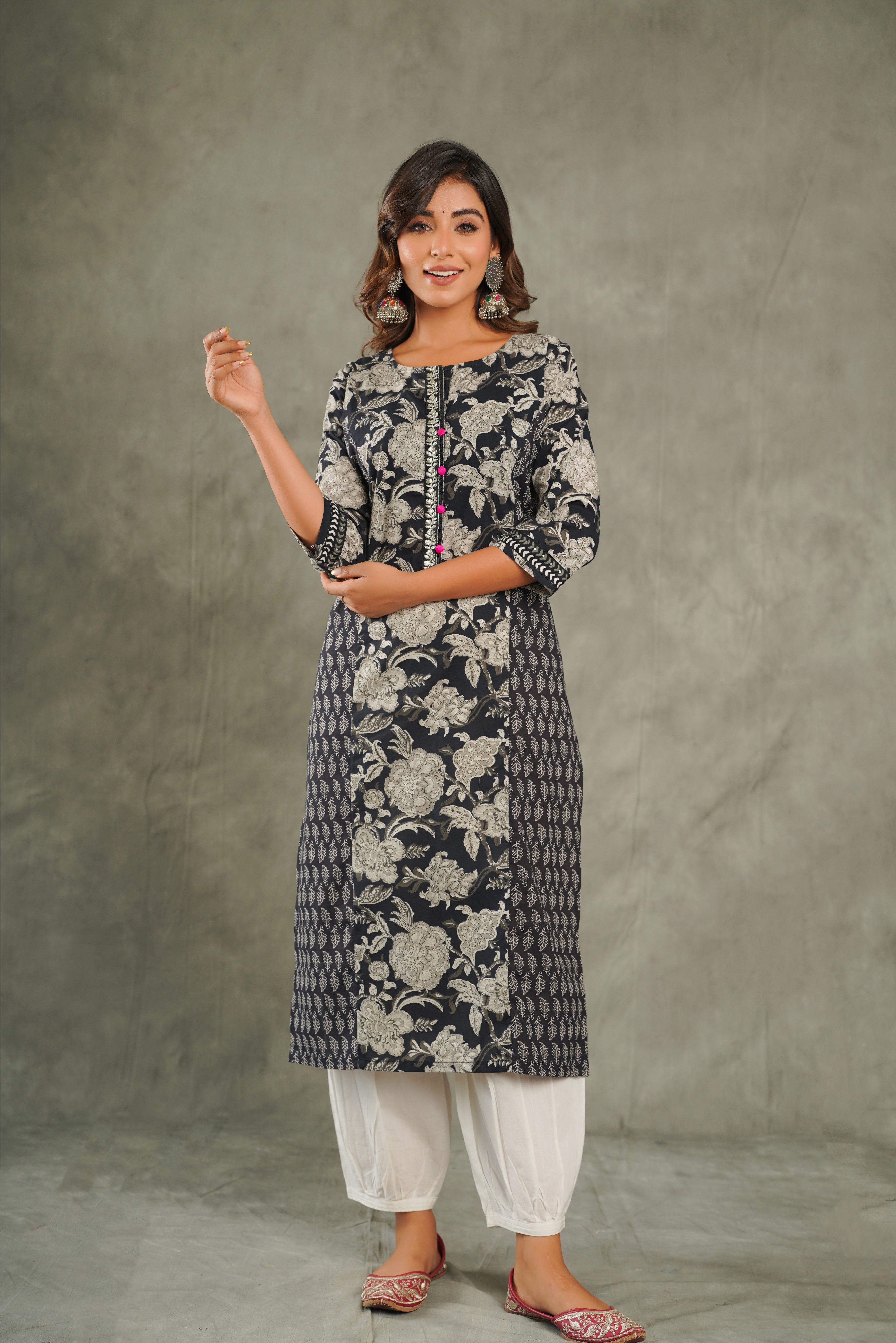 Black Floral Printed Cotton Kurta