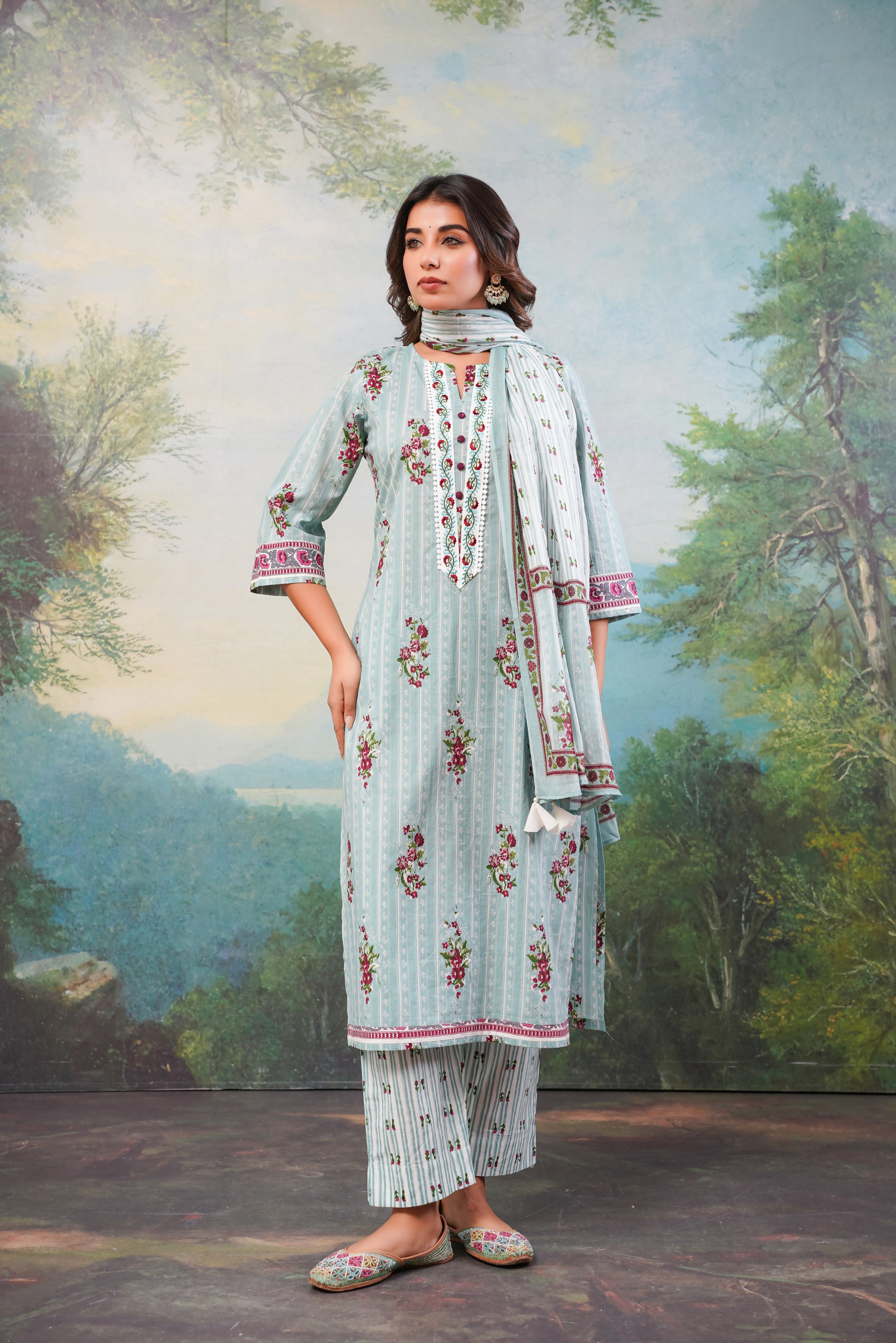 Blue Stripes  Printed Cotton Suit Set