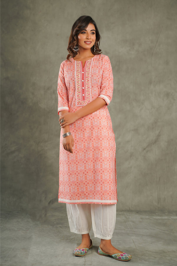 Peach Motif Printed Cotton Kurta