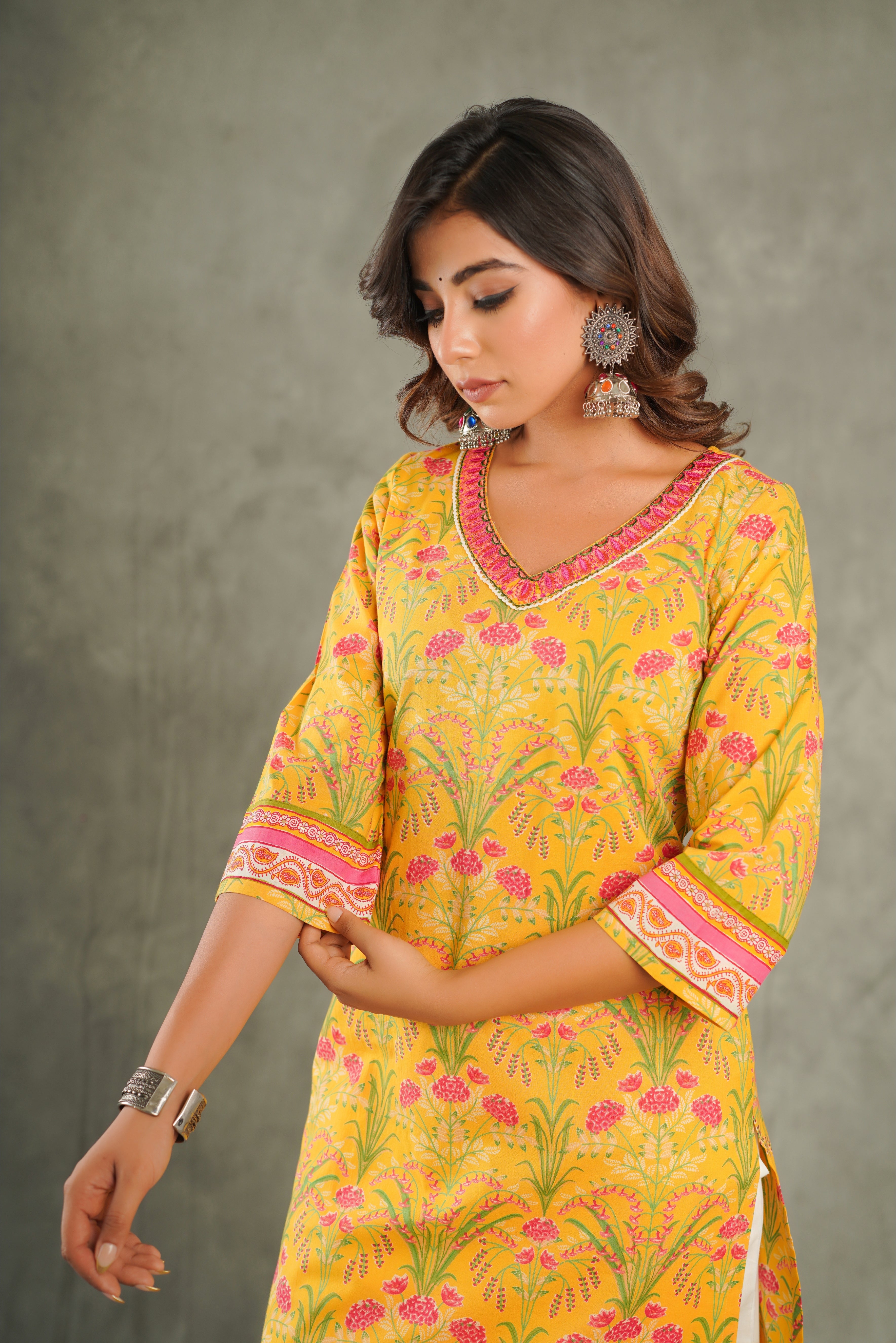 Mustard Embroidered Floral Printed Cotton Kurta