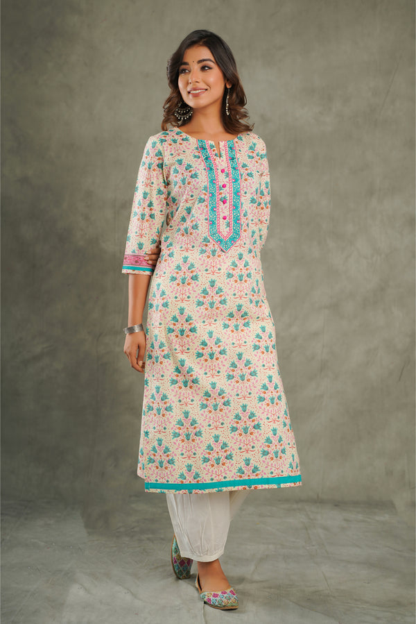 Off White Floral Printed Cotton Kurta