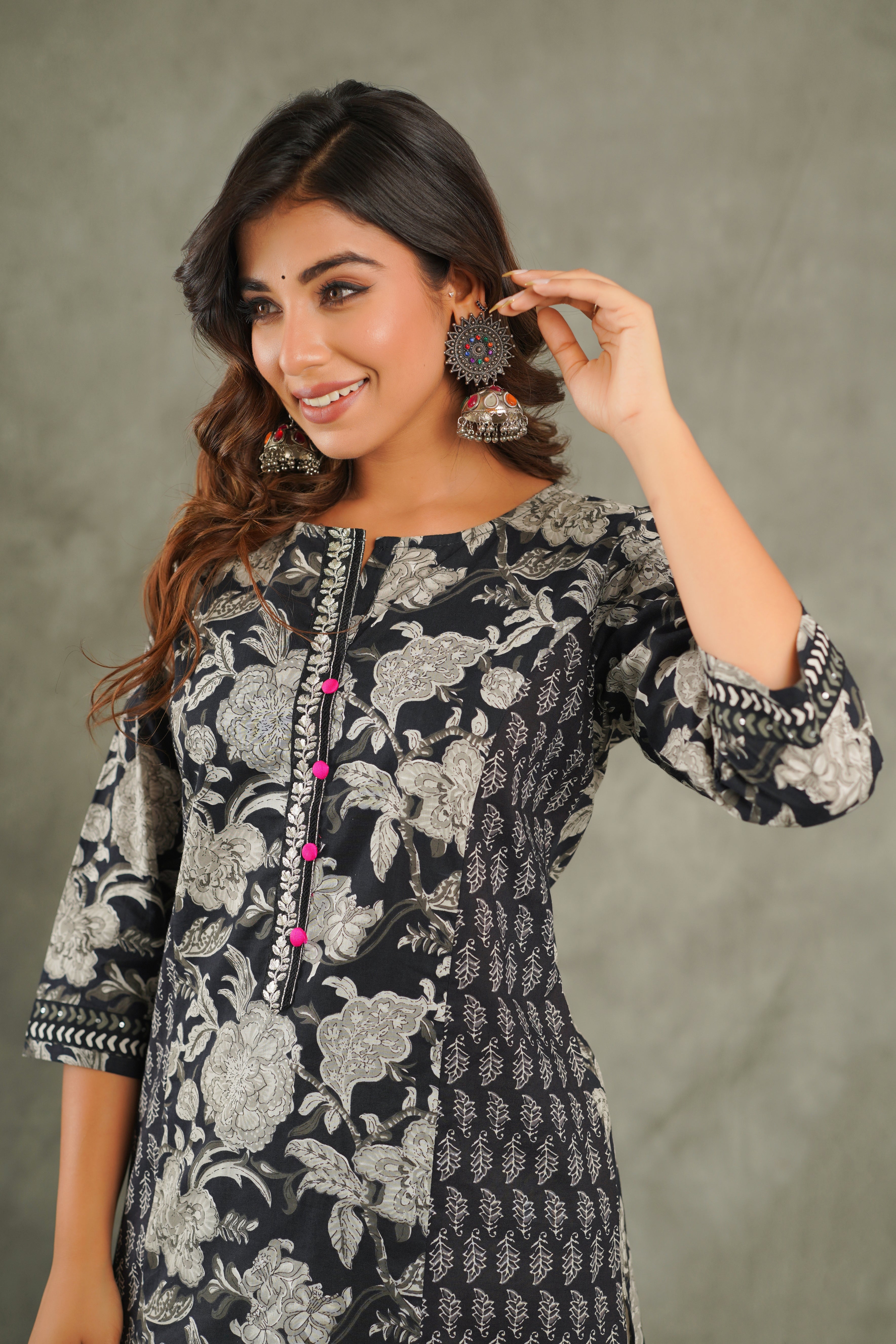 Black Floral Printed Cotton Kurta