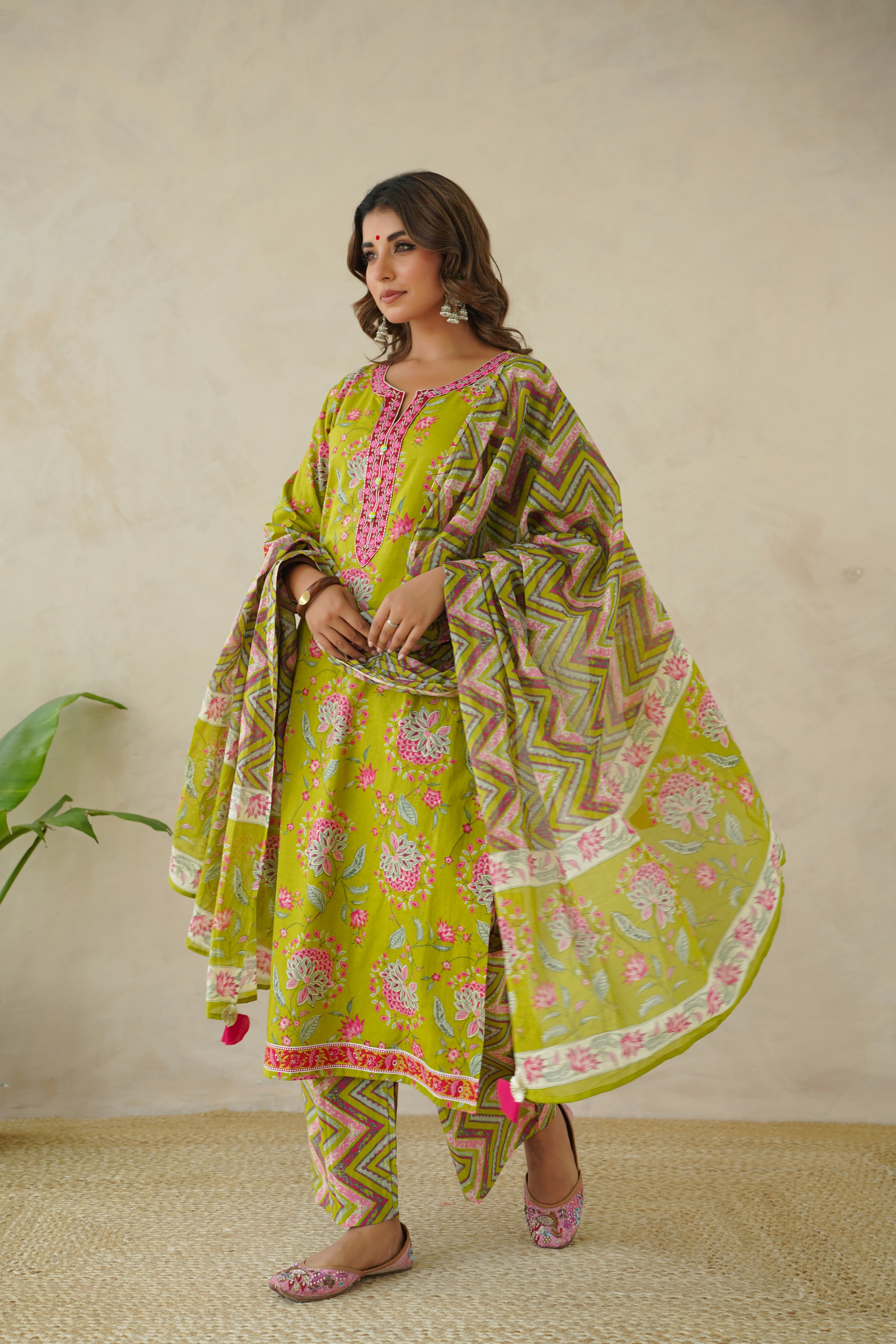 Green Floral Printed Suit Set