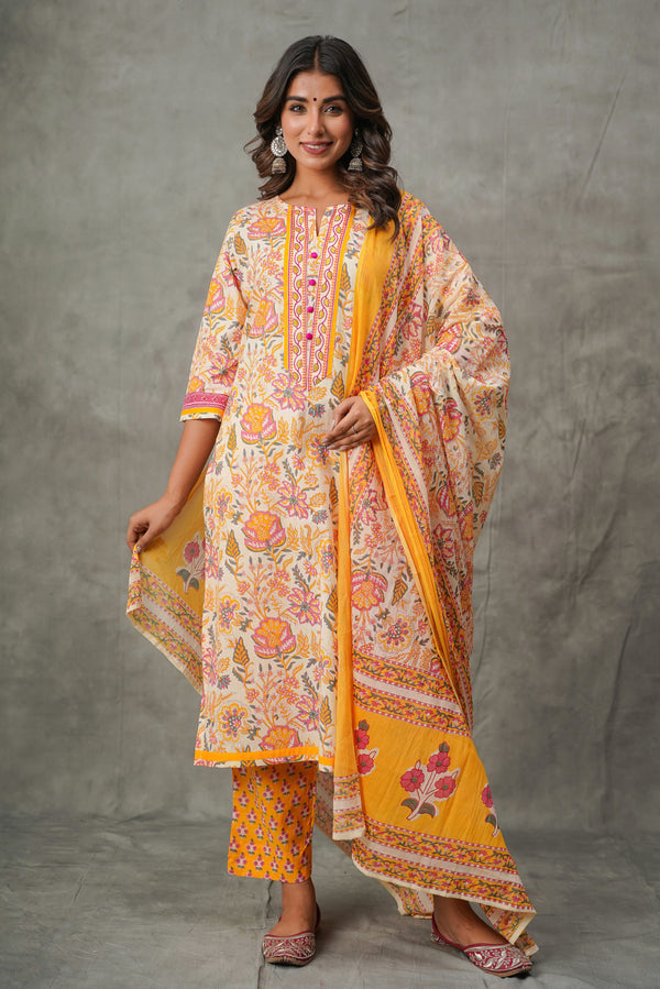 Yellow Floral Cotton Suit Set