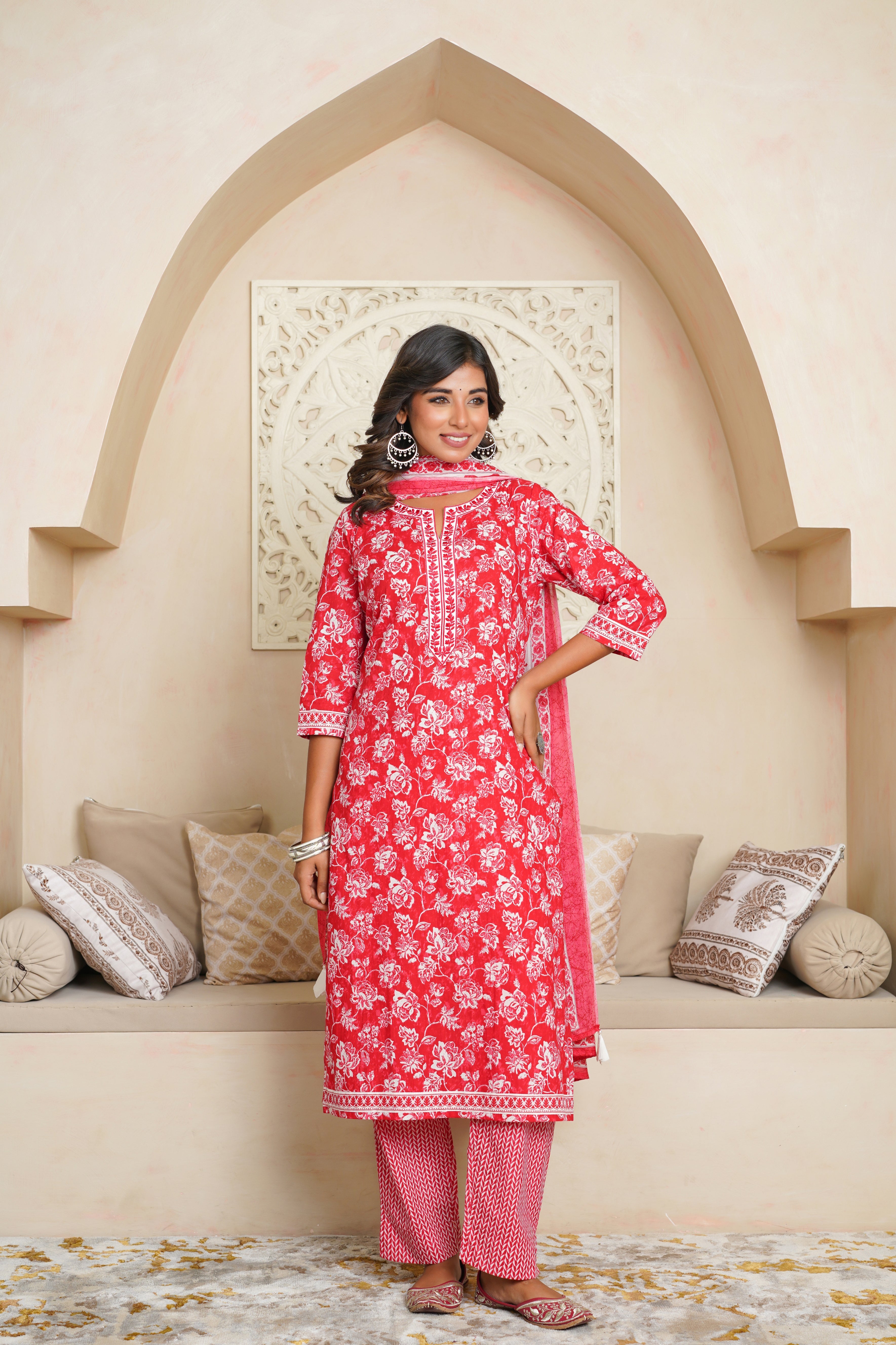 Red Floral Cotton Suit Set