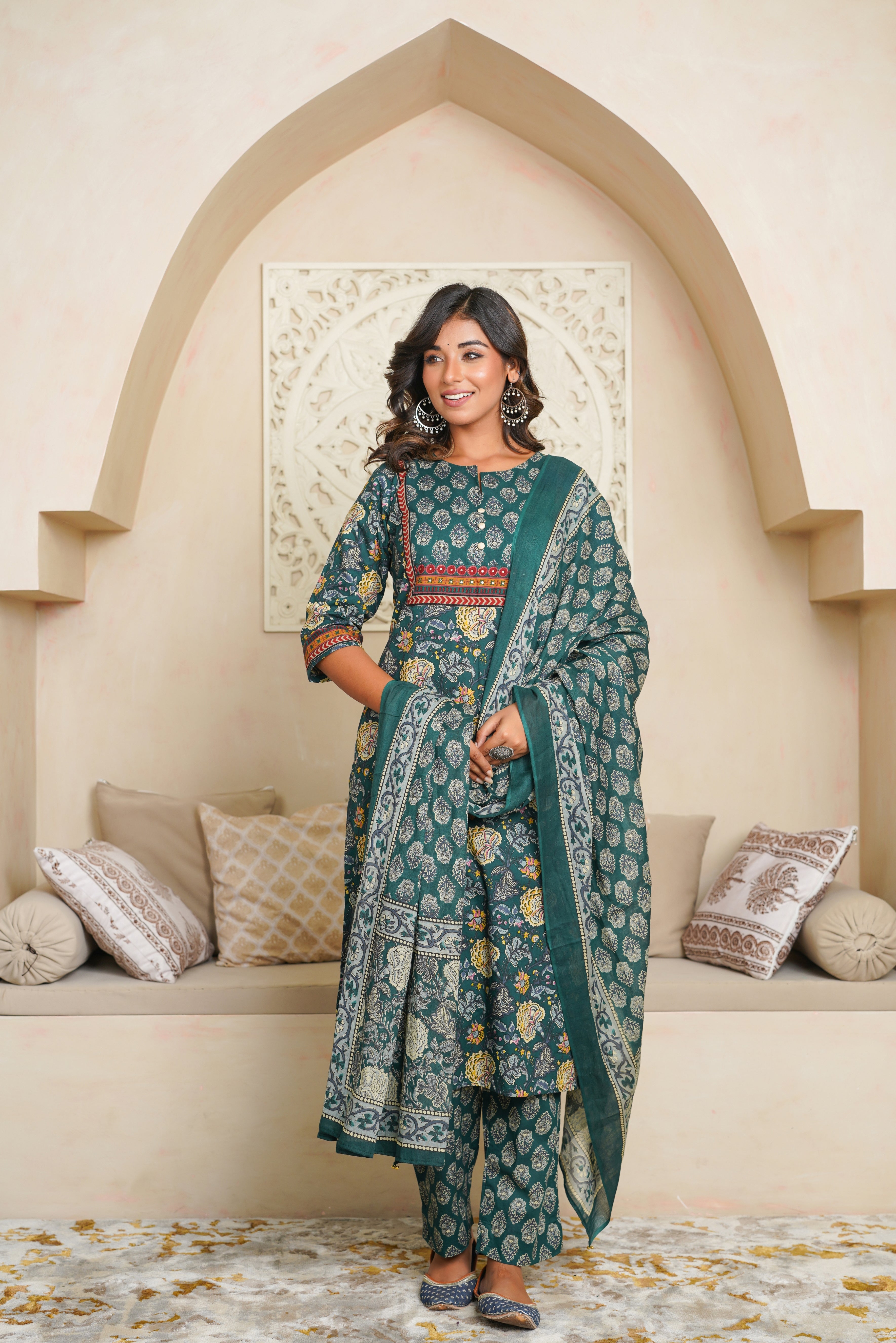 Green Floral Cotton Suit Set