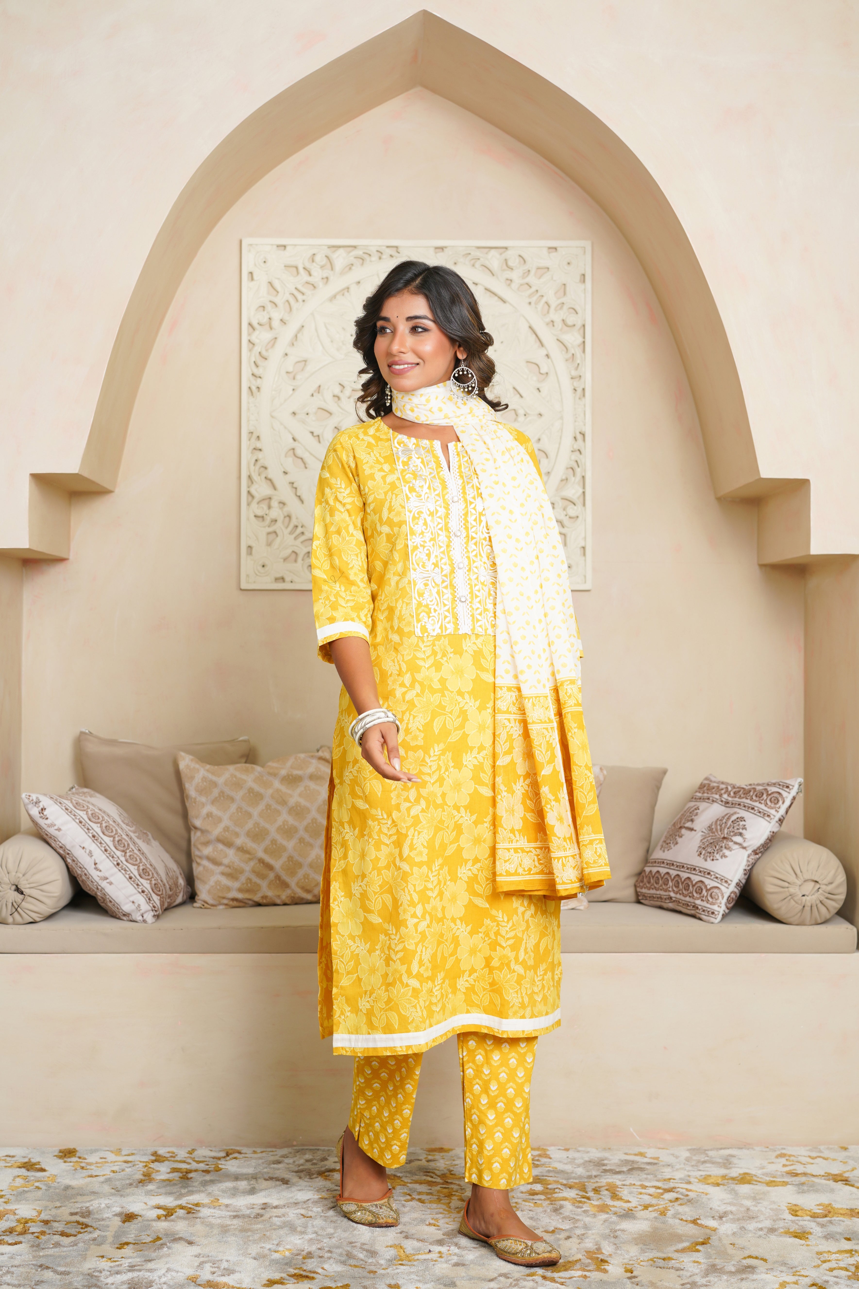 Yellow Floral Cotton Suit Set