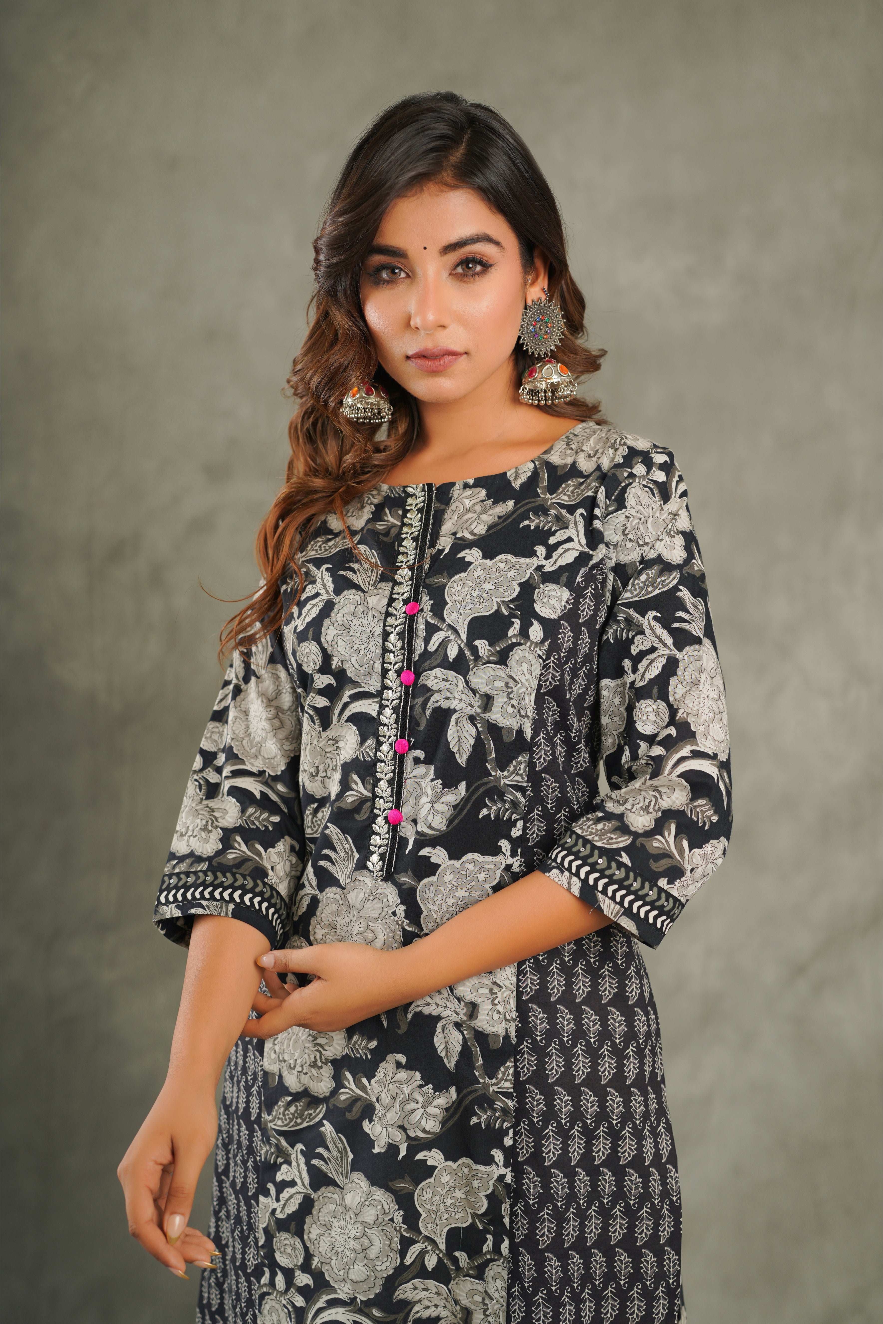 Black Floral Printed Cotton Kurta