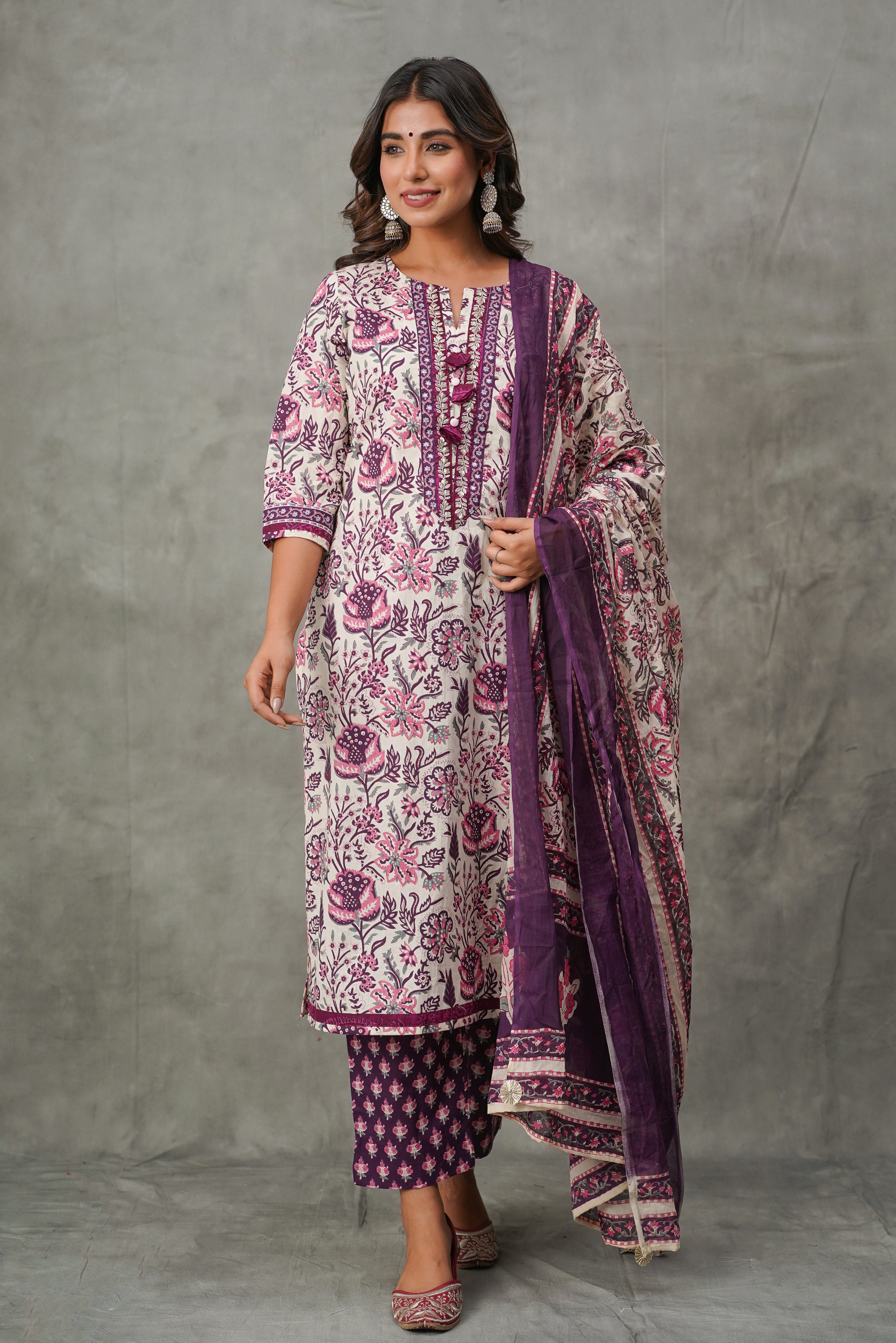 Purple Floral Cotton Suit Set