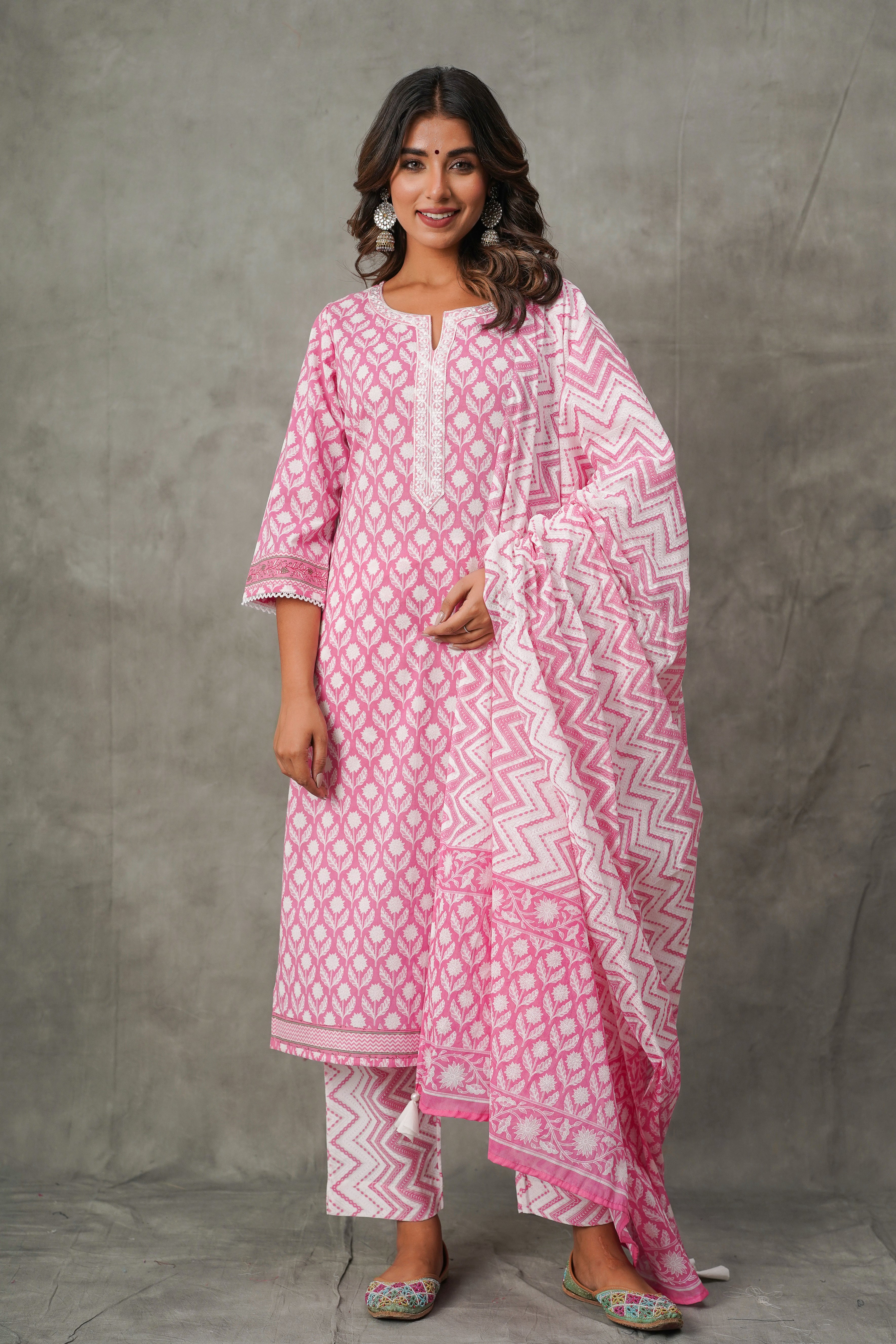 Pink Floral Cotton Suit Set