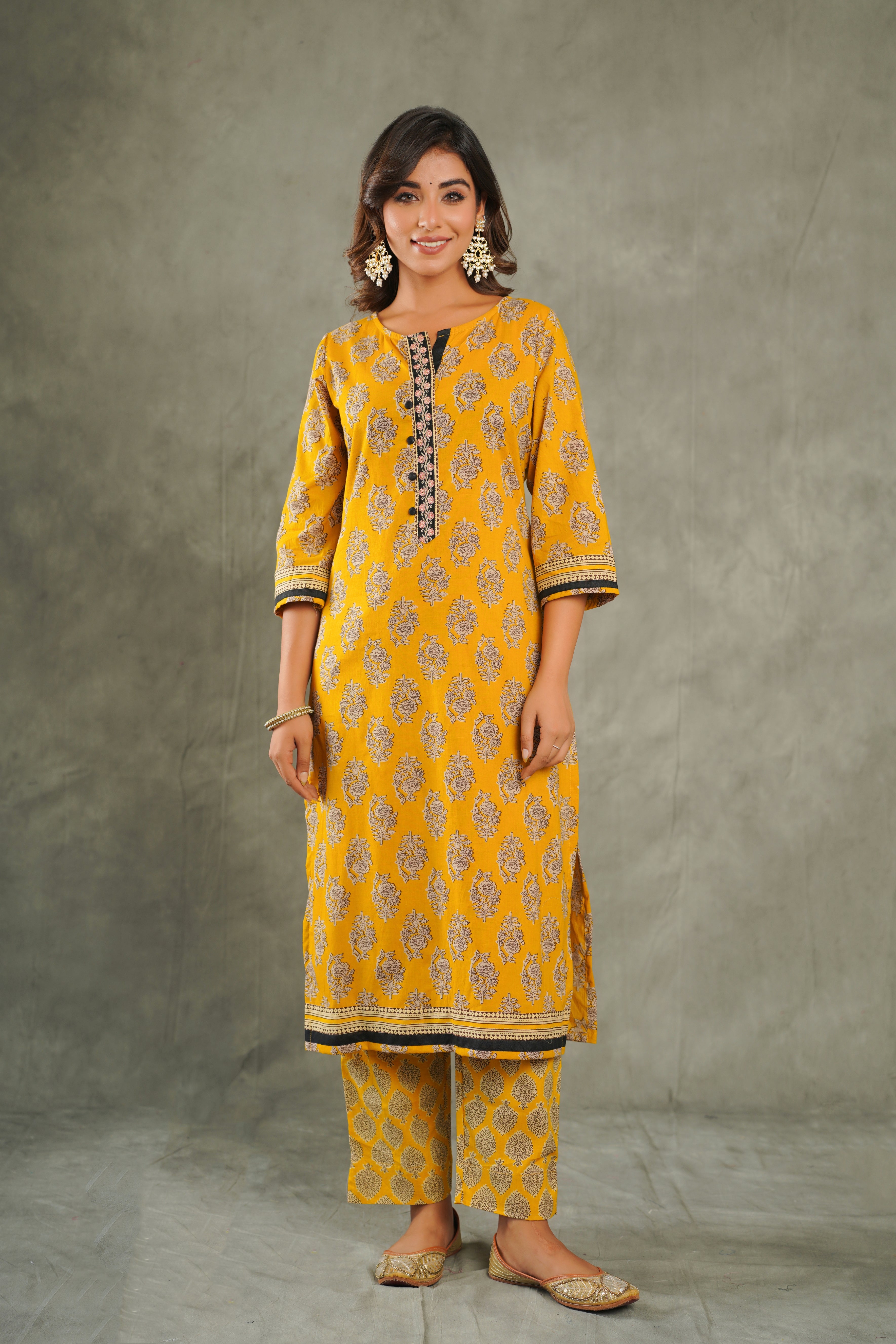 Mustard Motif Cotton Suit Set