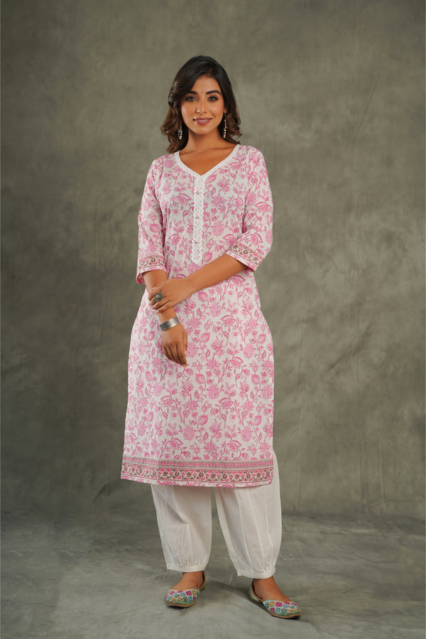 Pink Floral Printed Cotton Kurta