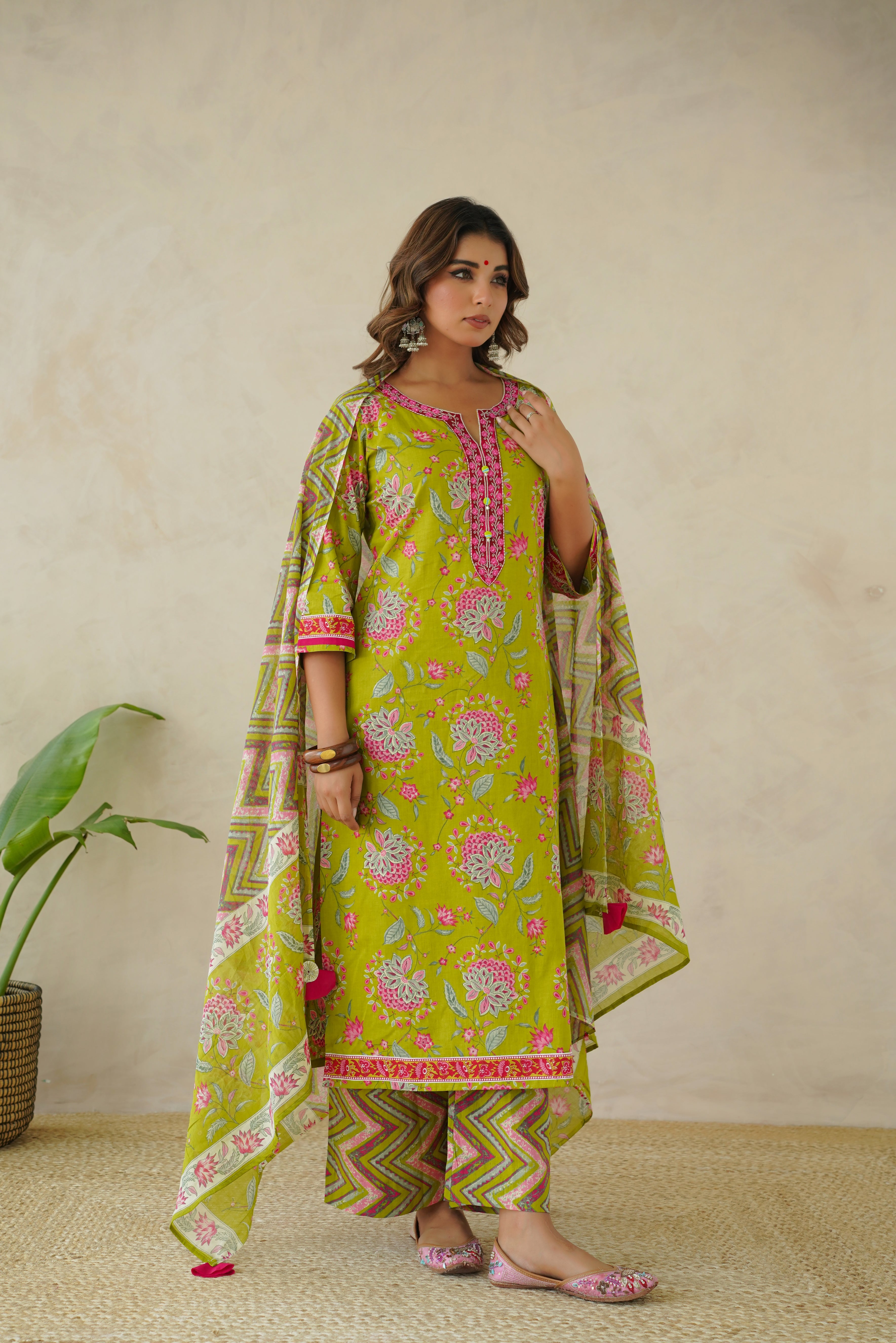 Green Floral Printed Suit Set