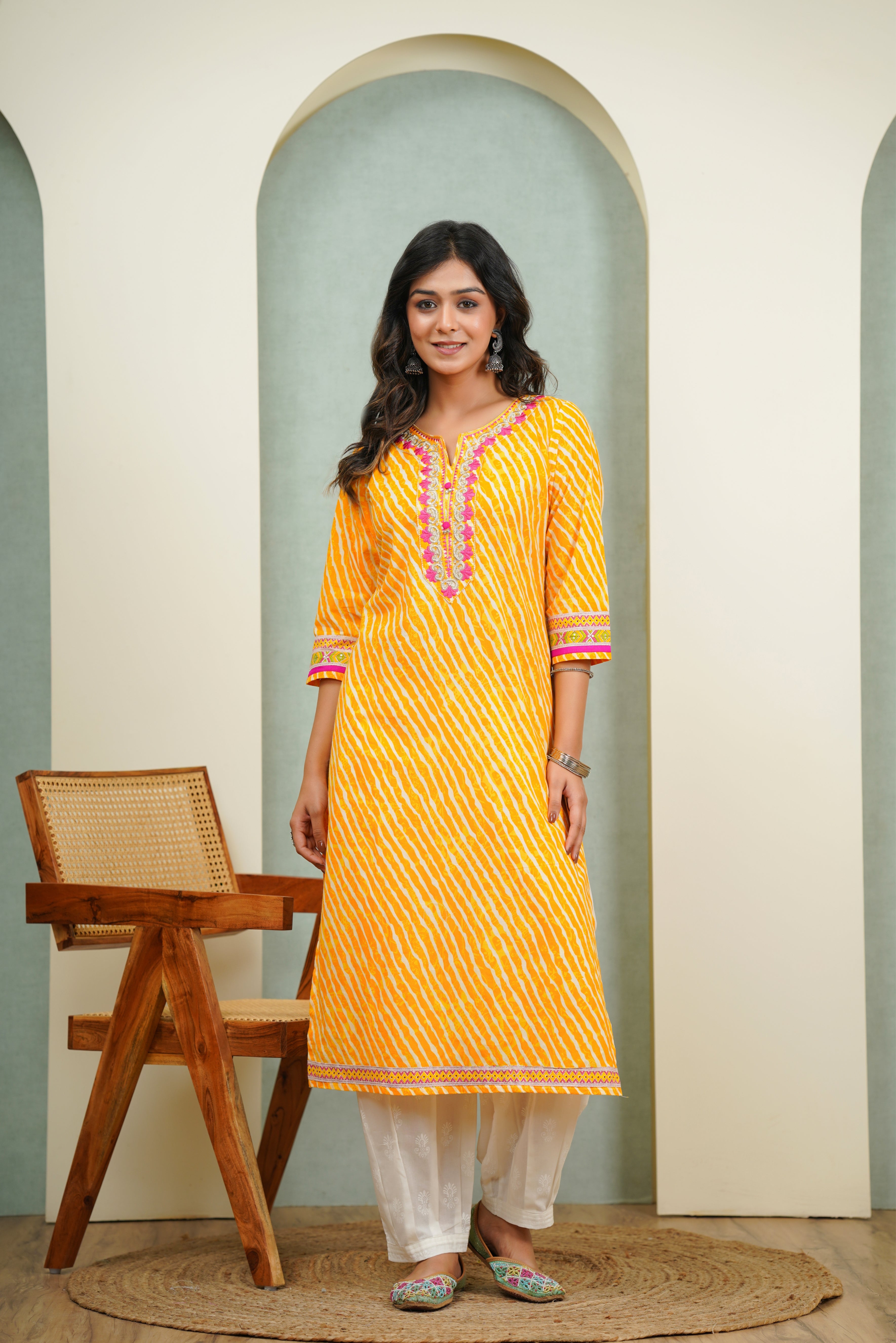 Embroidered Yellow Leheriya Cotton Kurta