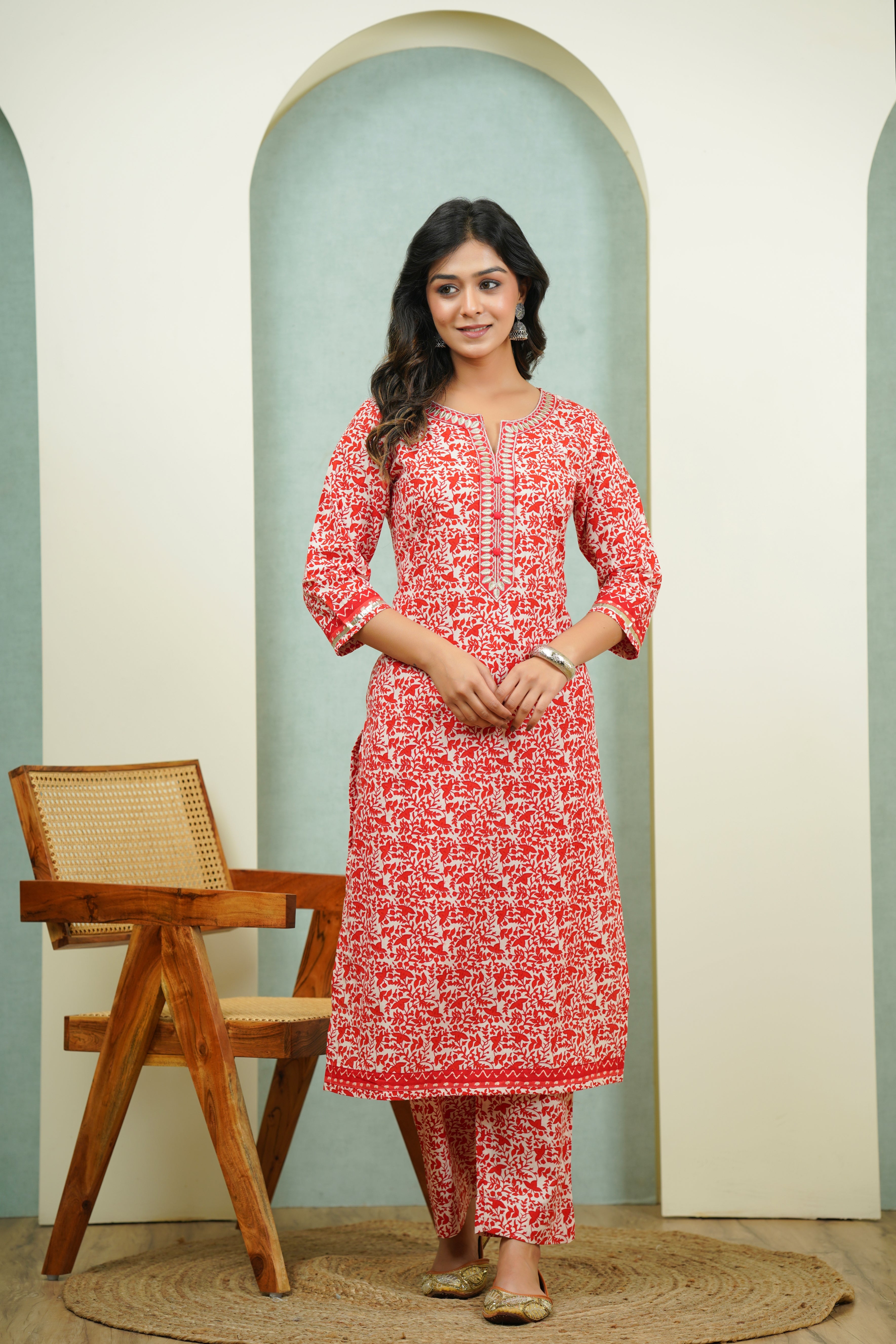 Red Floral Cotton Suit Set