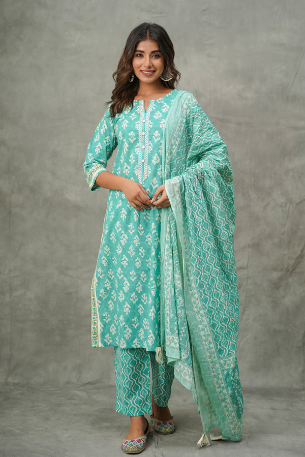 Turquoise Floral Cotton Suit Set