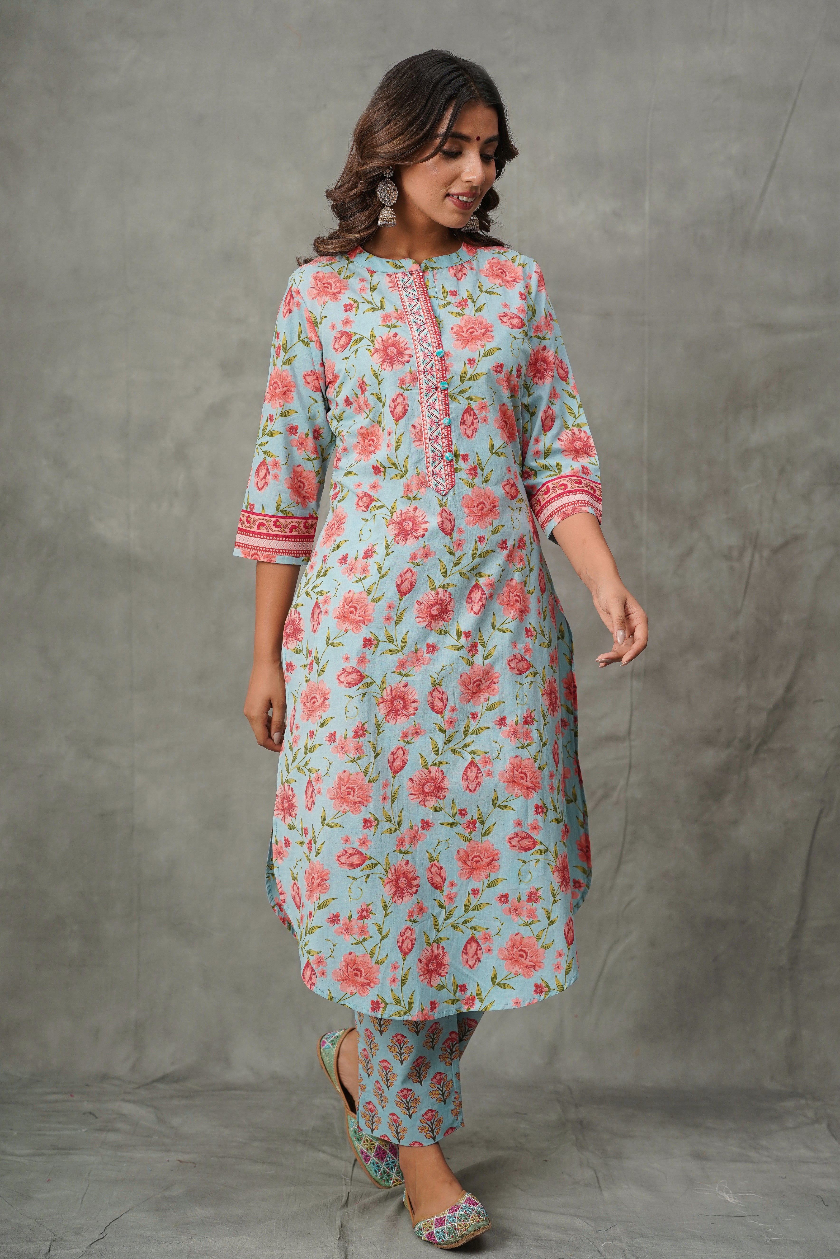 Blue Floral Cotton Suit Set