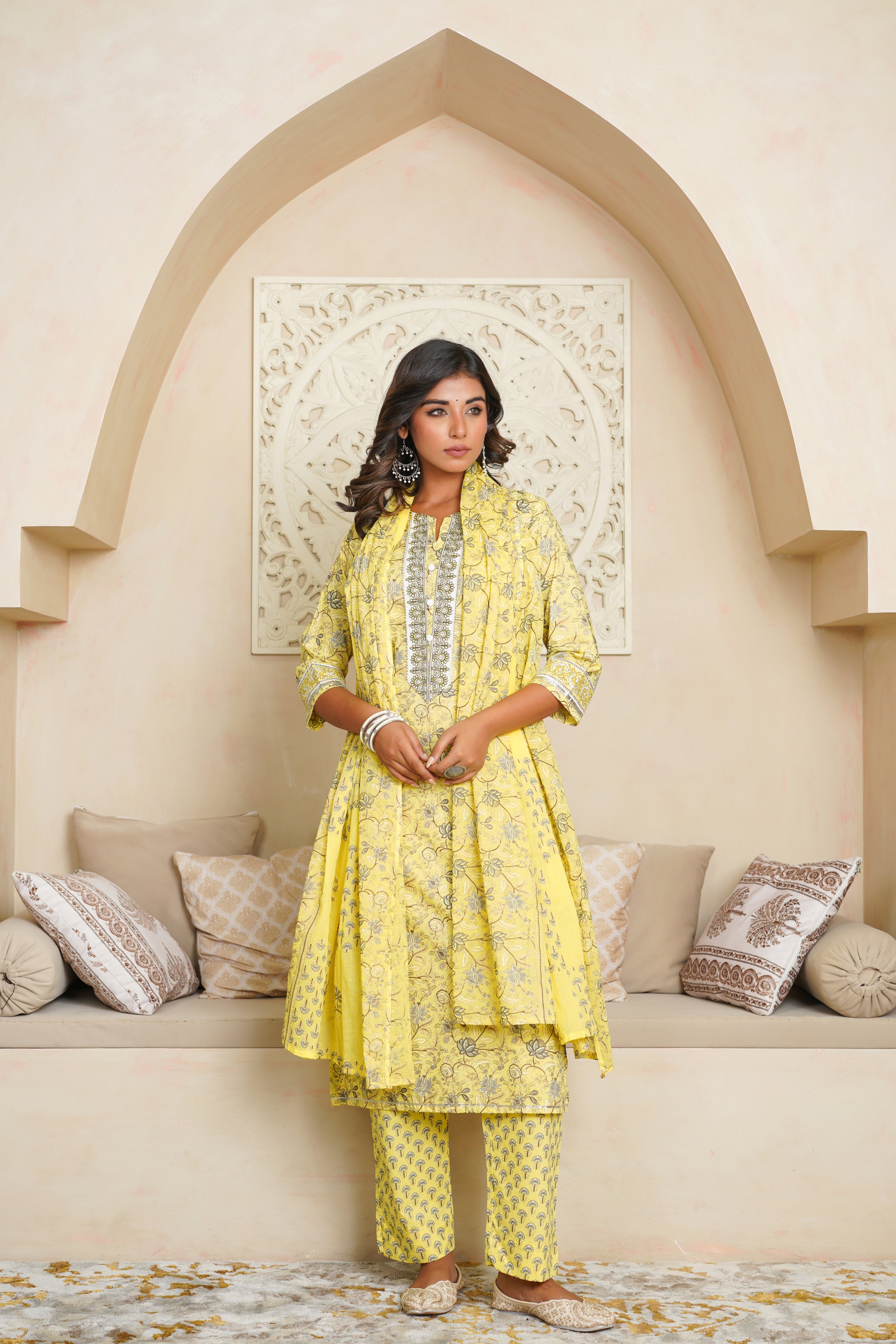 Lemon Floral Printed Cotton Suit Set
