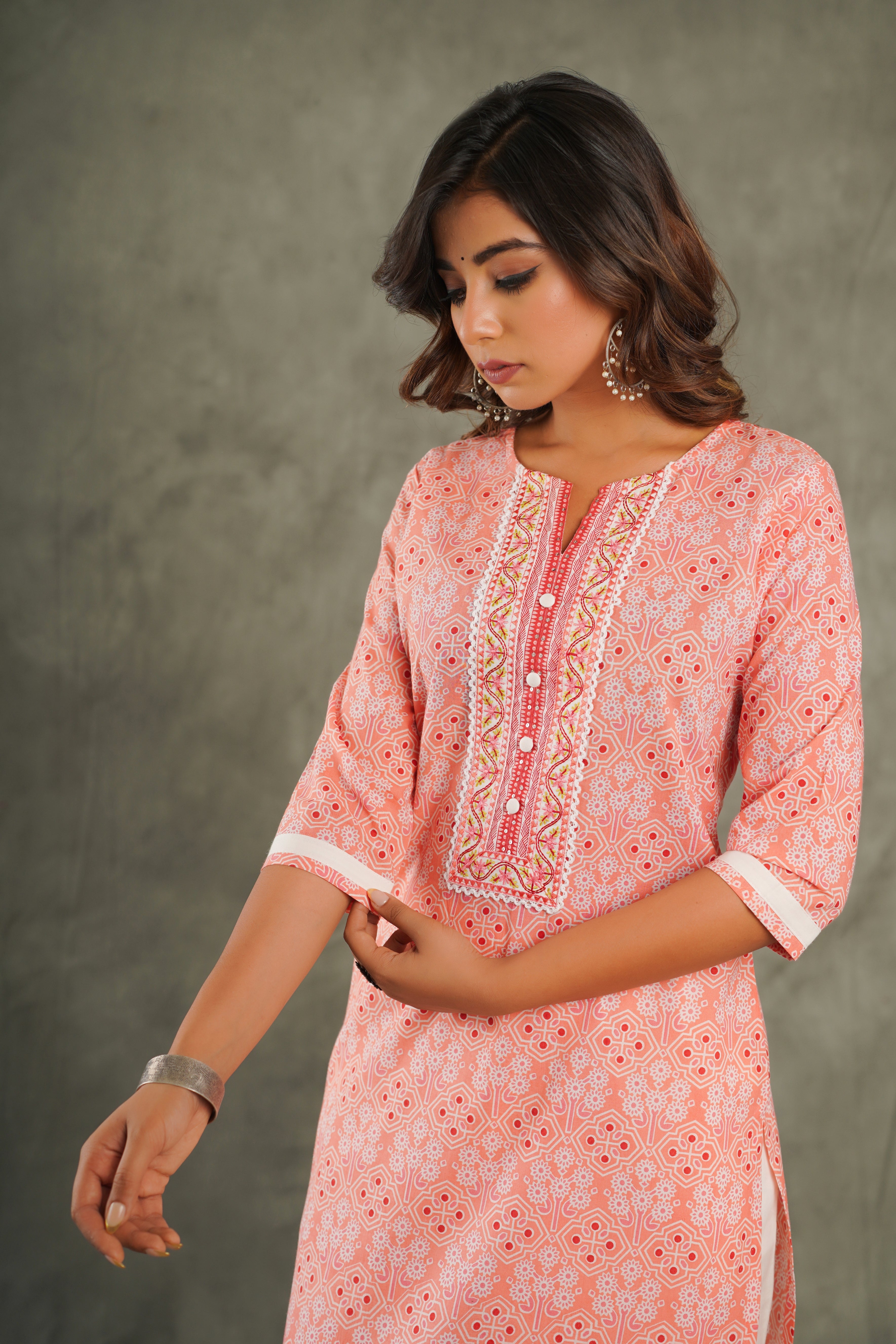 Peach Motif Printed Cotton Kurta