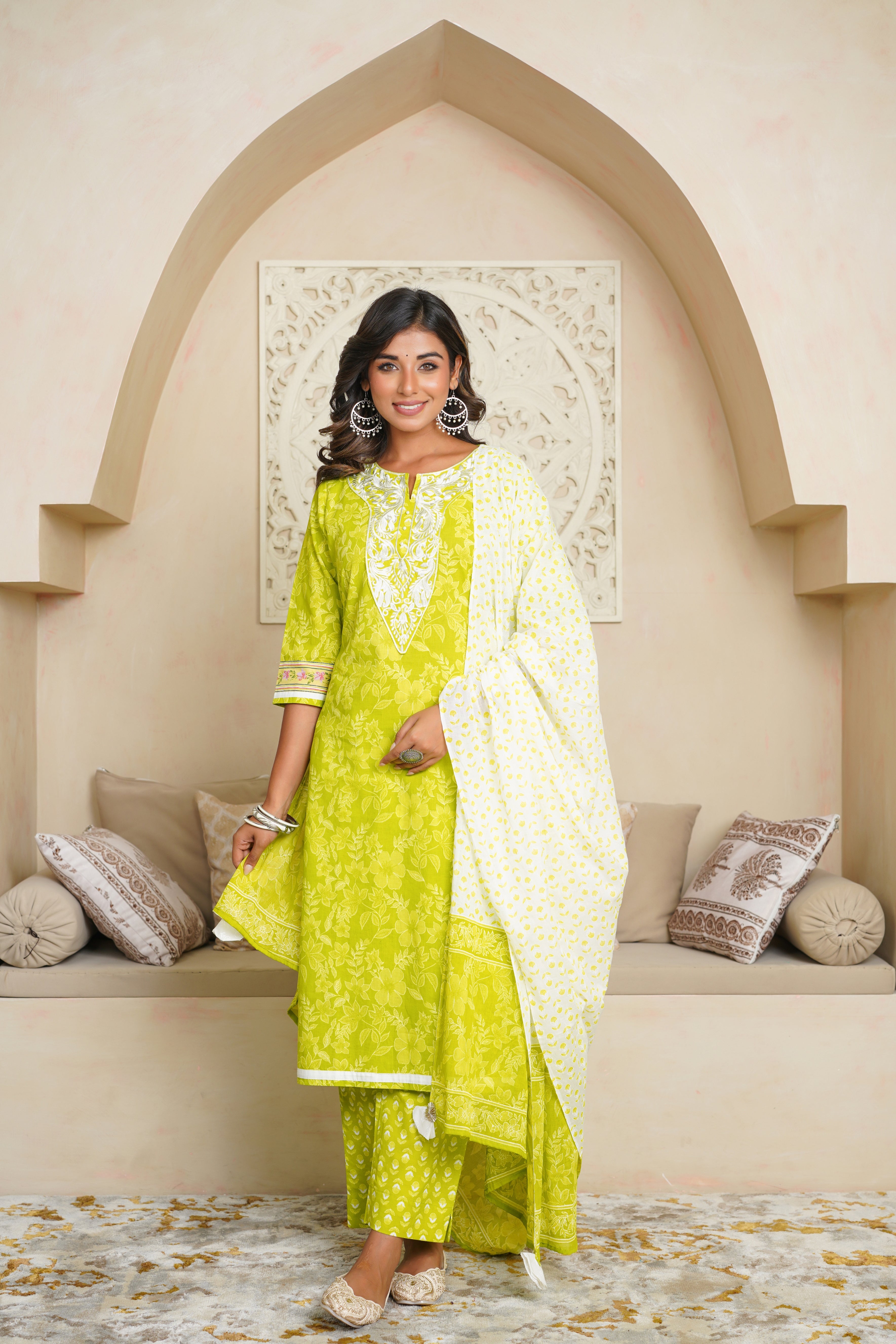 Green Floral Cotton Suit Set