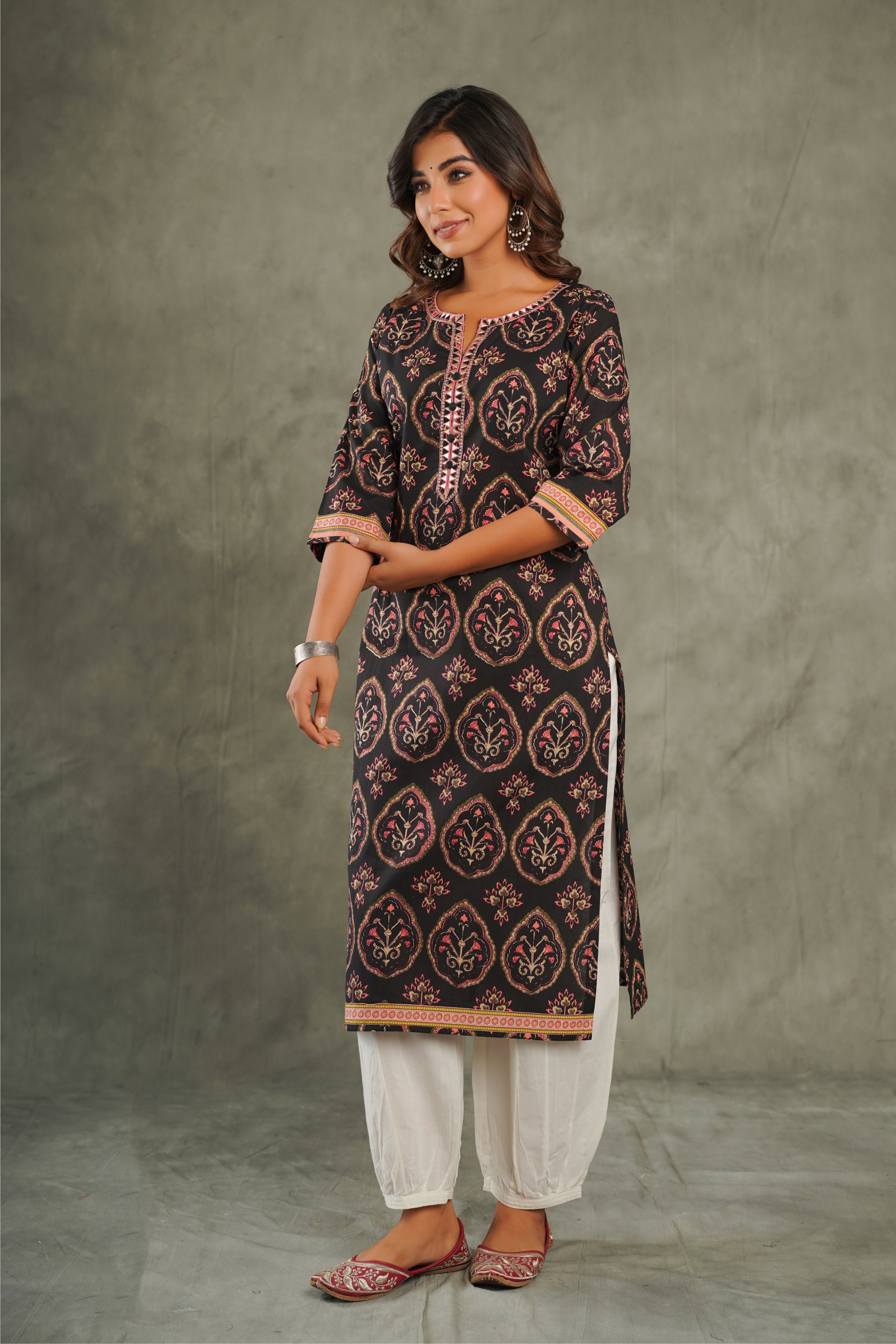 Black Motif Printed Cotton Kurta