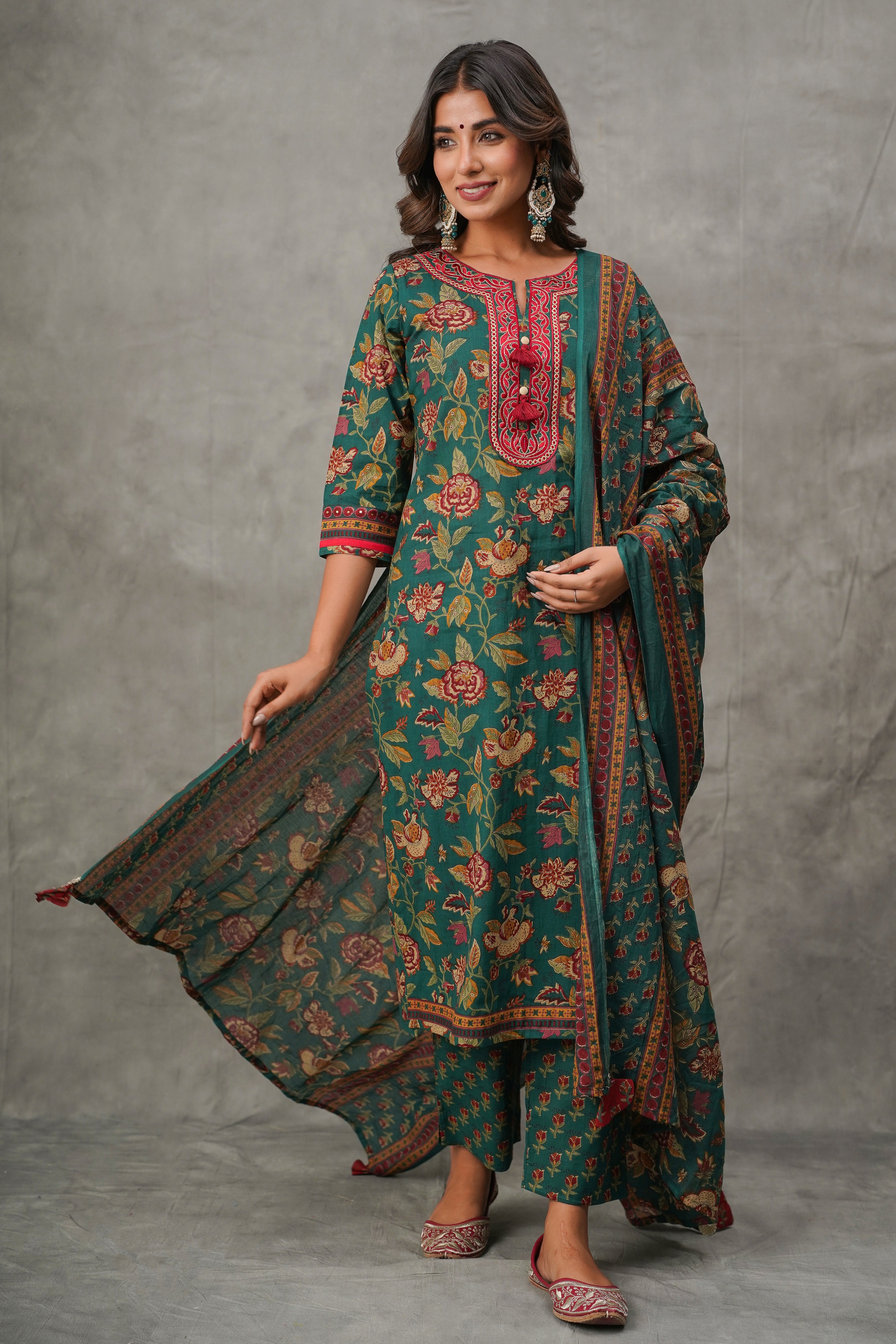 Green Floral Cotton Suit Set