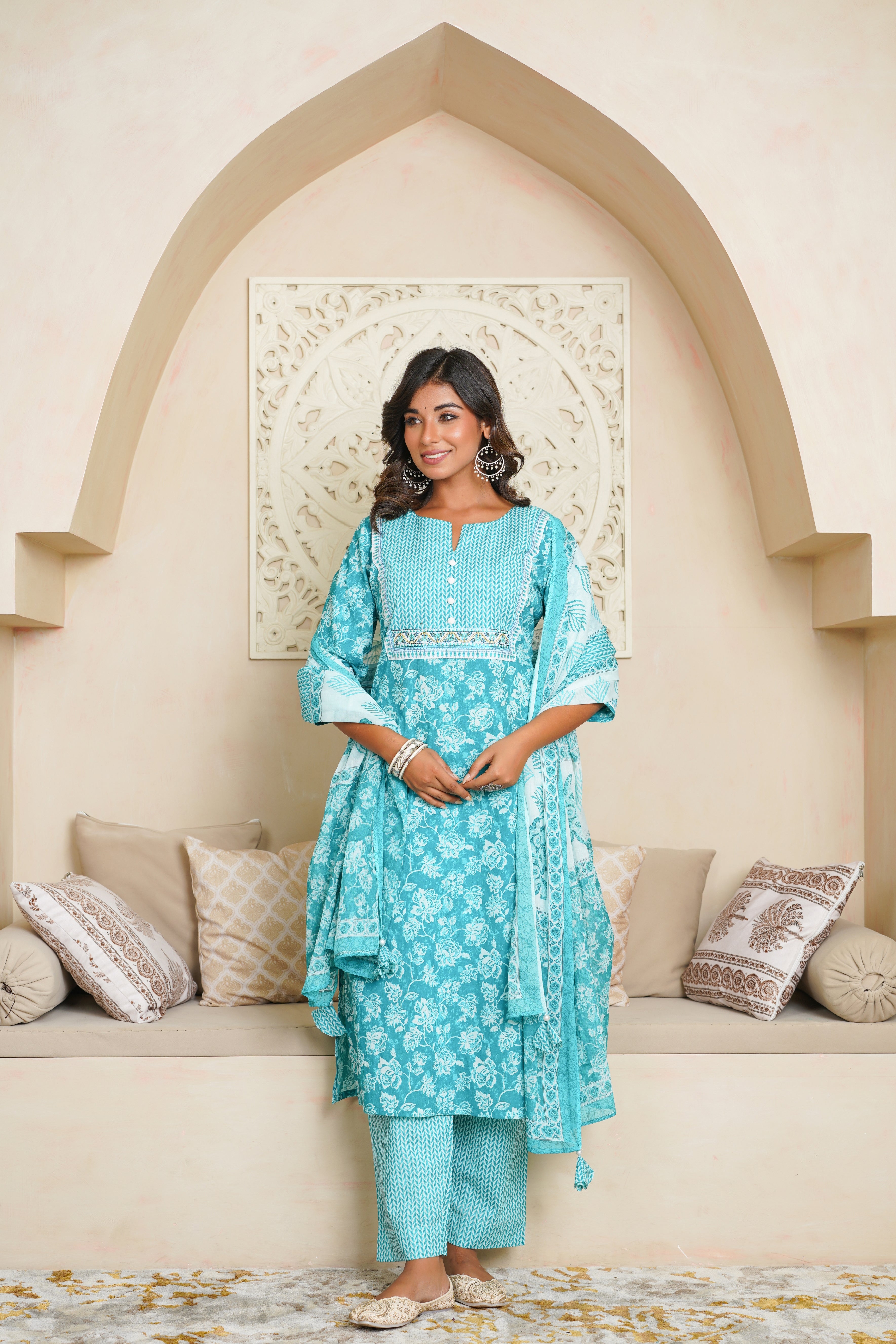 Turquoise Floral Cotton Suit Set