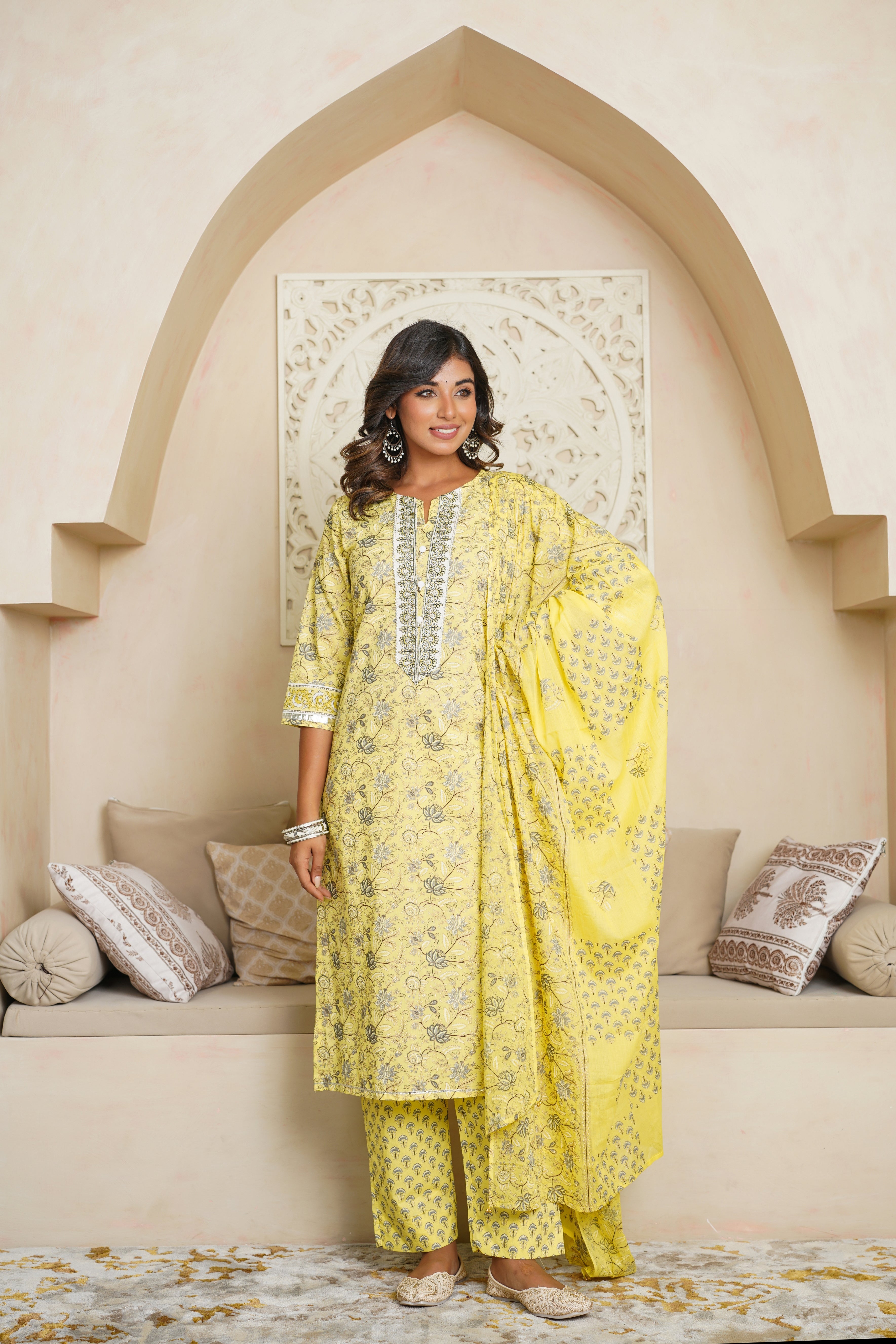 Lemon Floral Printed Cotton Suit Set
