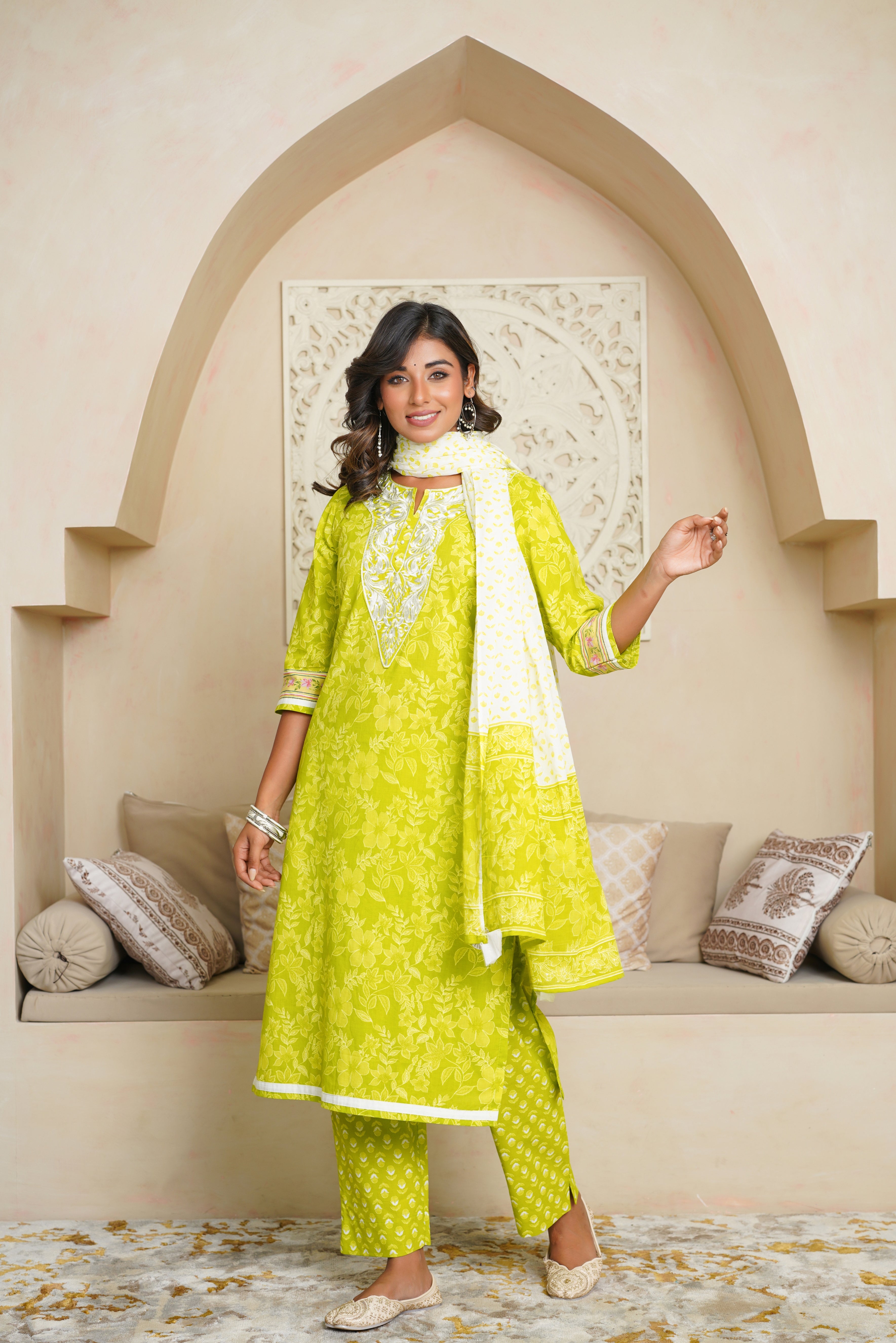 Green Floral Cotton Suit Set