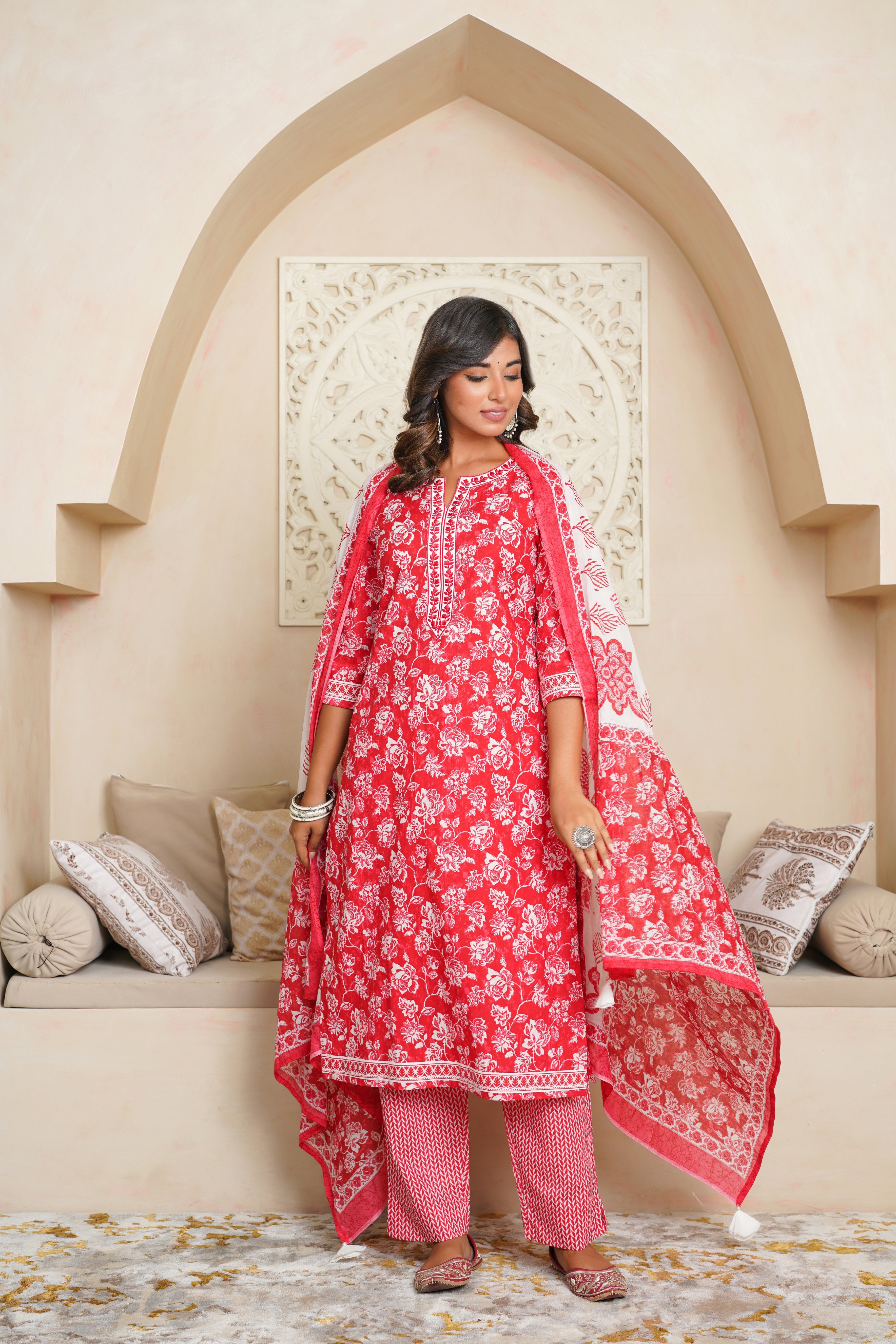 Red Floral Cotton Suit Set