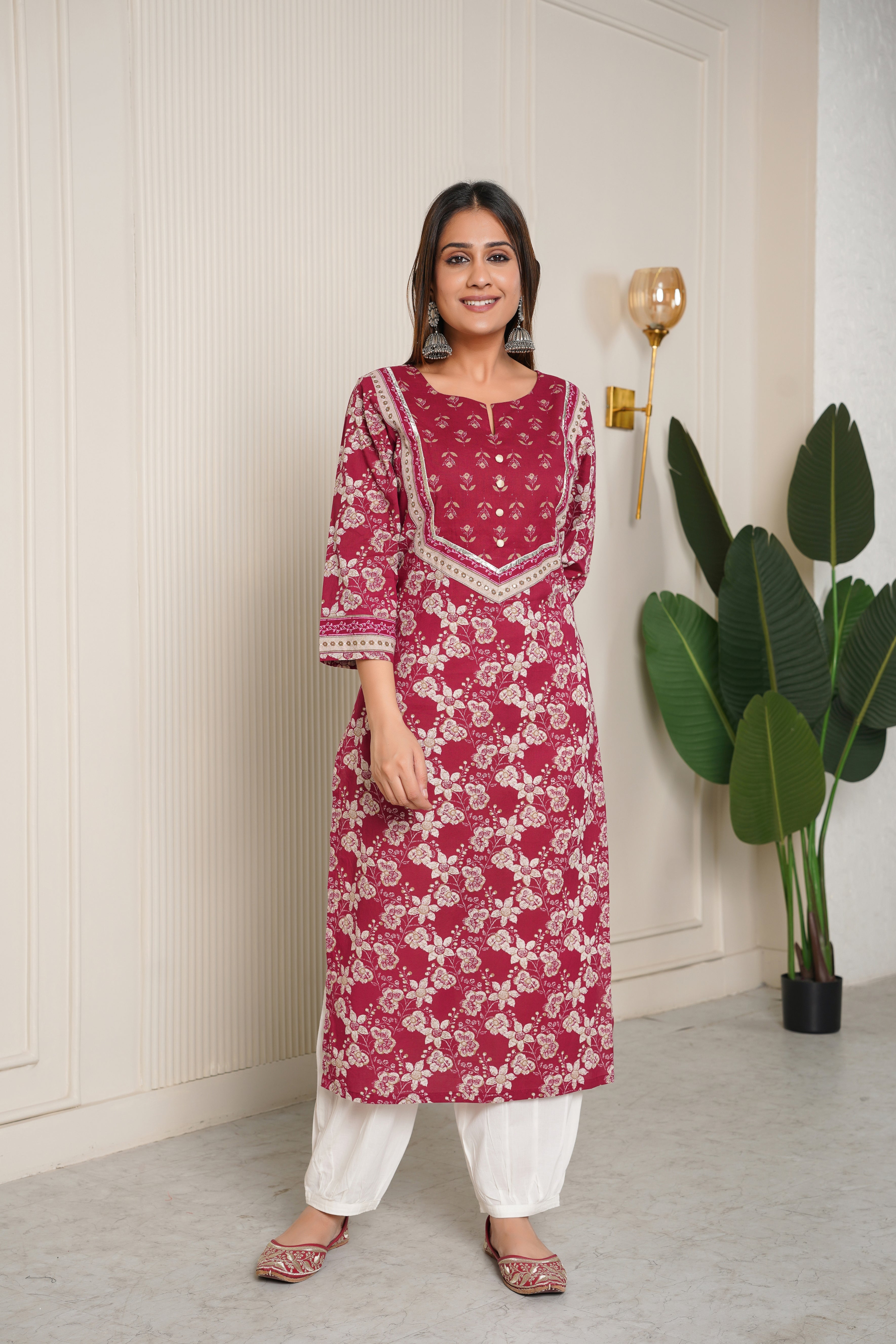 Maroon Floral Printed Cotton Kurta