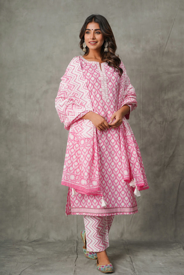 Pink Floral Cotton Suit Set