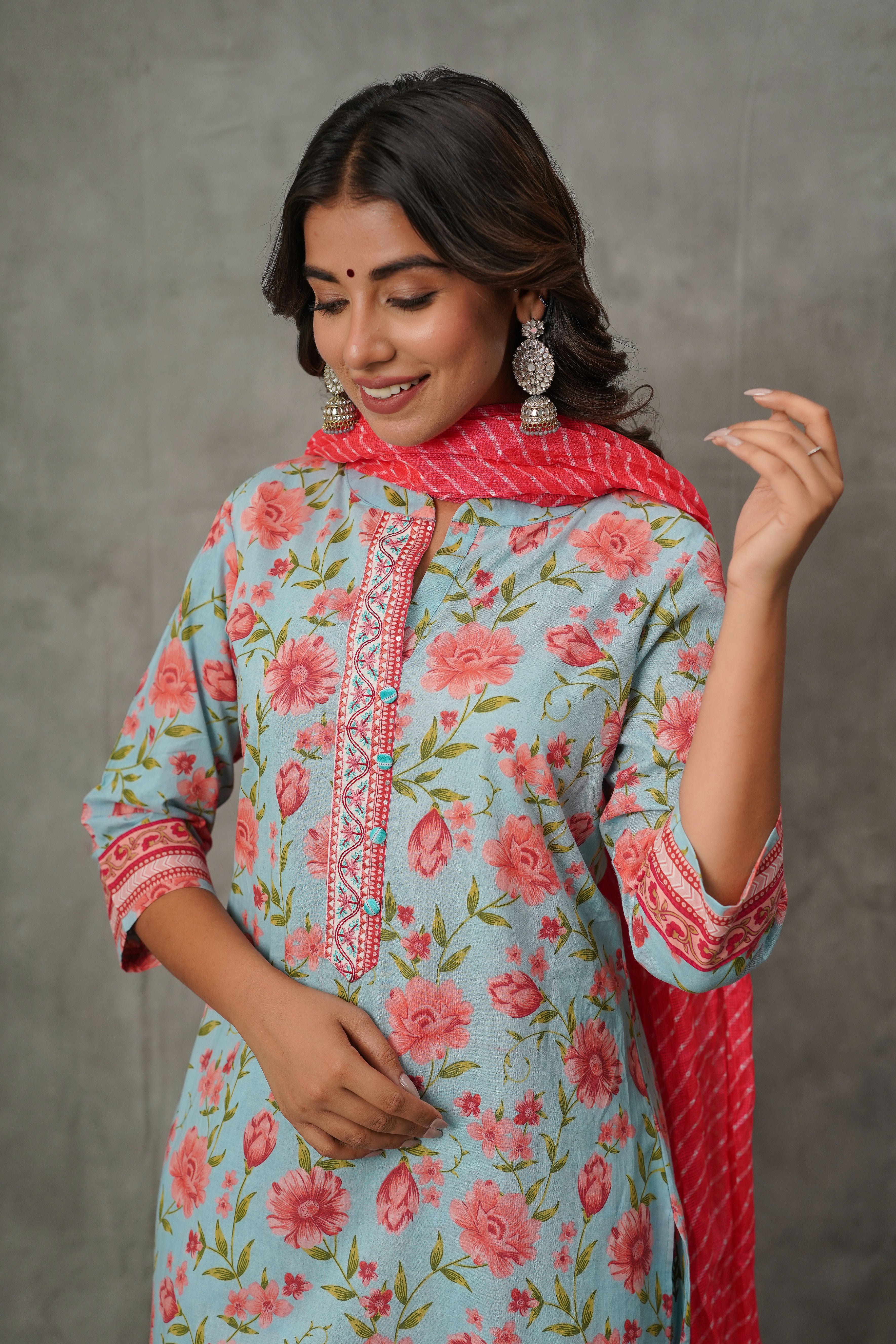 Blue Floral Cotton Suit Set