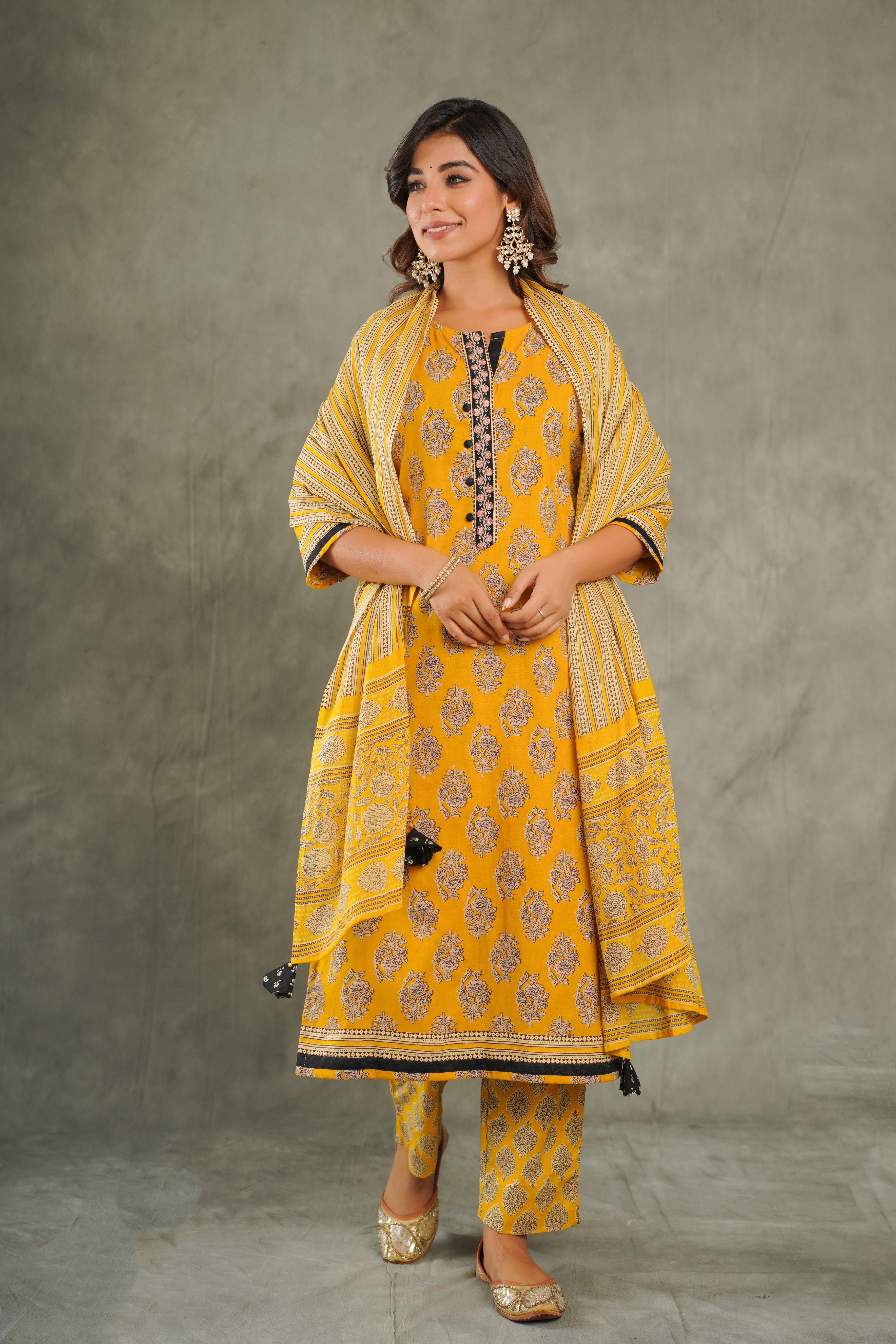 Mustard Motif Cotton Suit Set