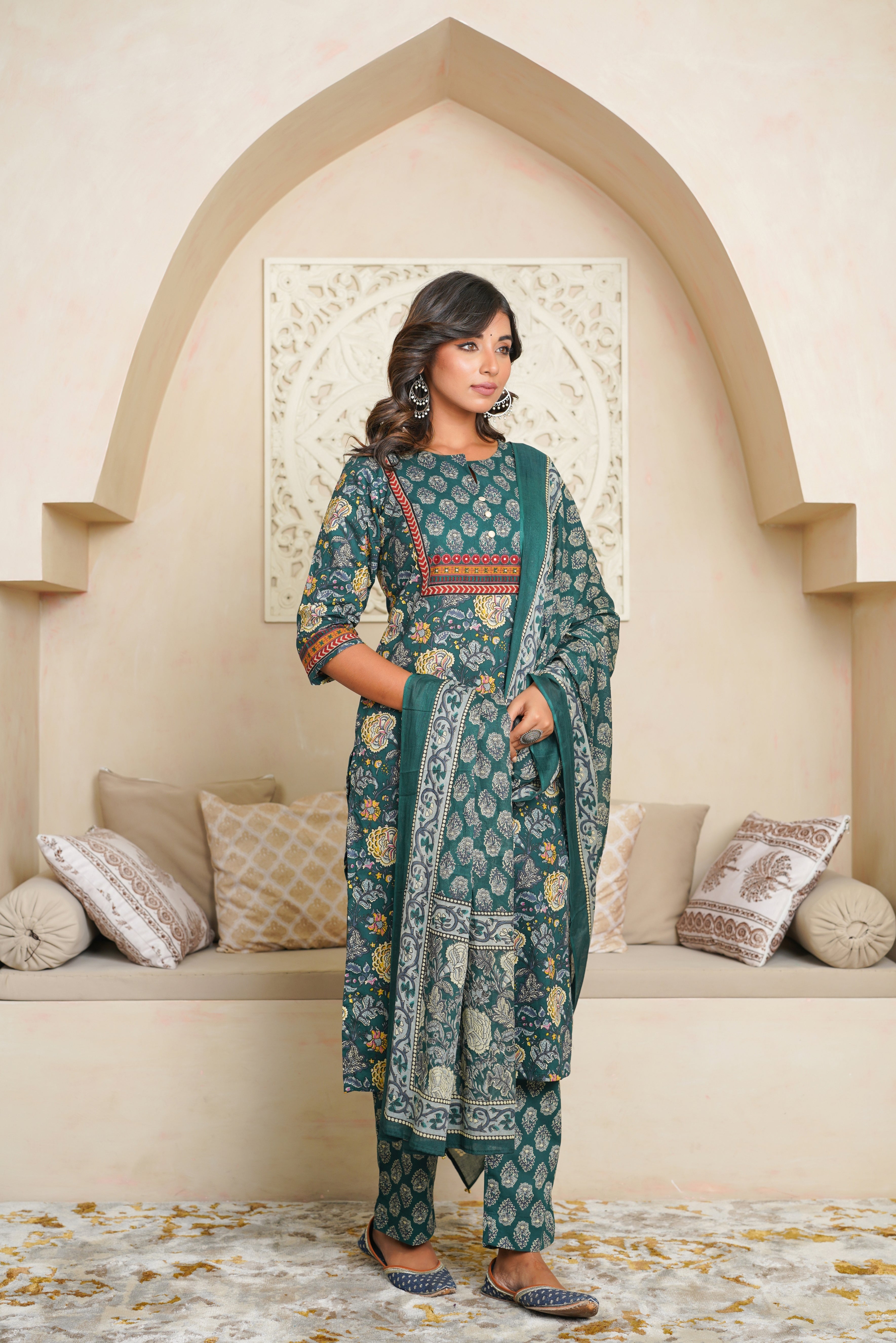 Green Floral Cotton Suit Set