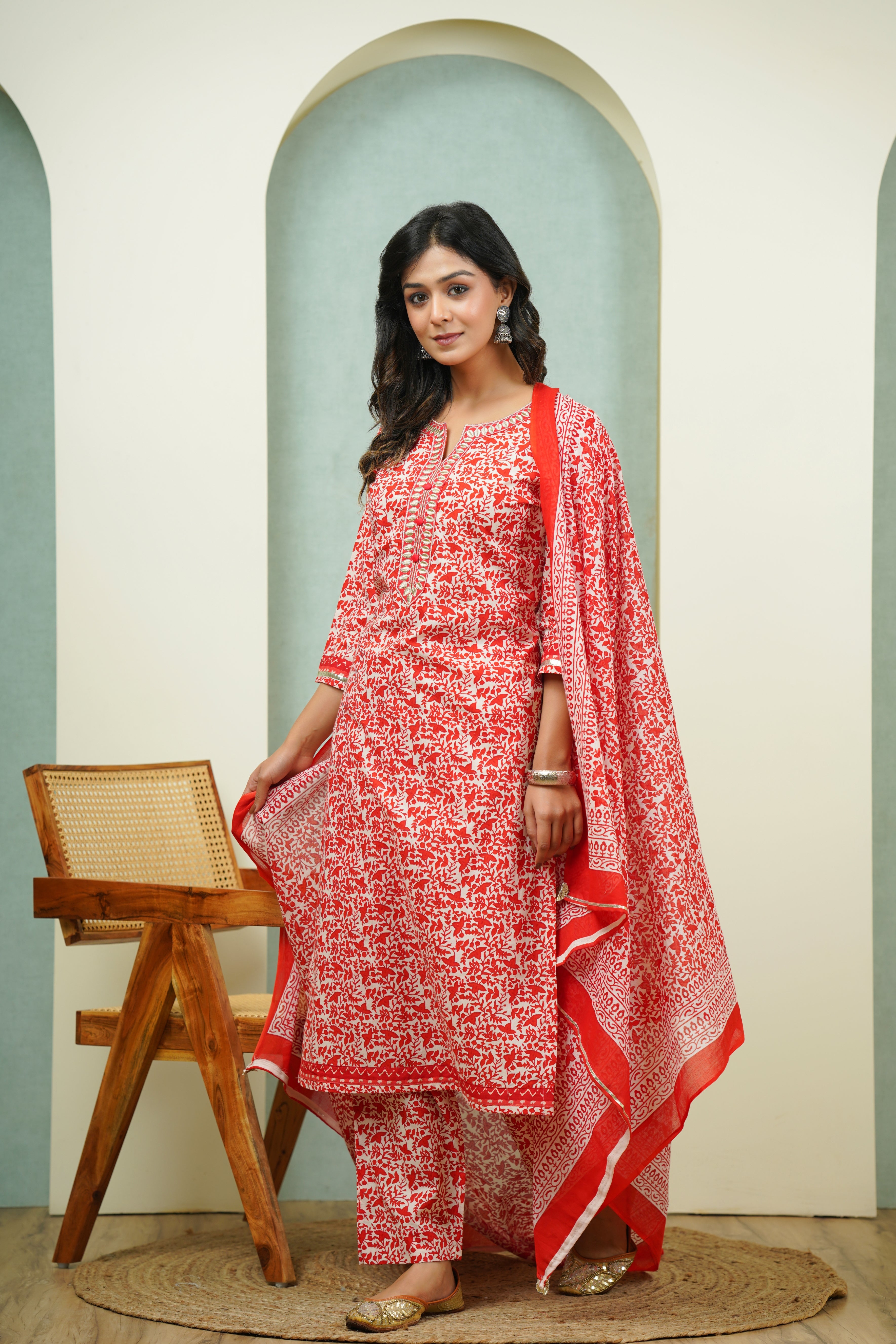 Red Floral Cotton Suit Set