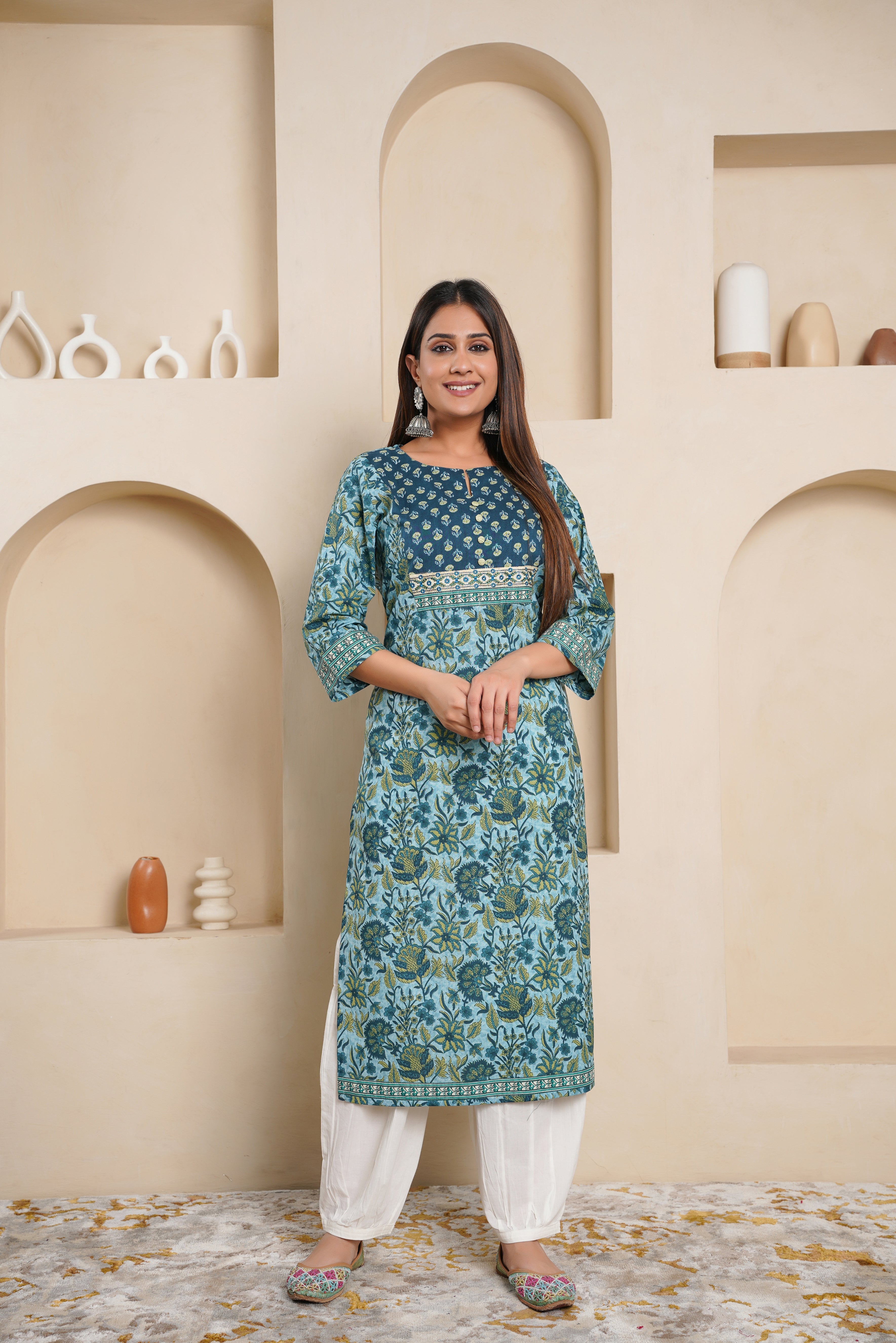 Teal Floral Printed Cotton Kurta