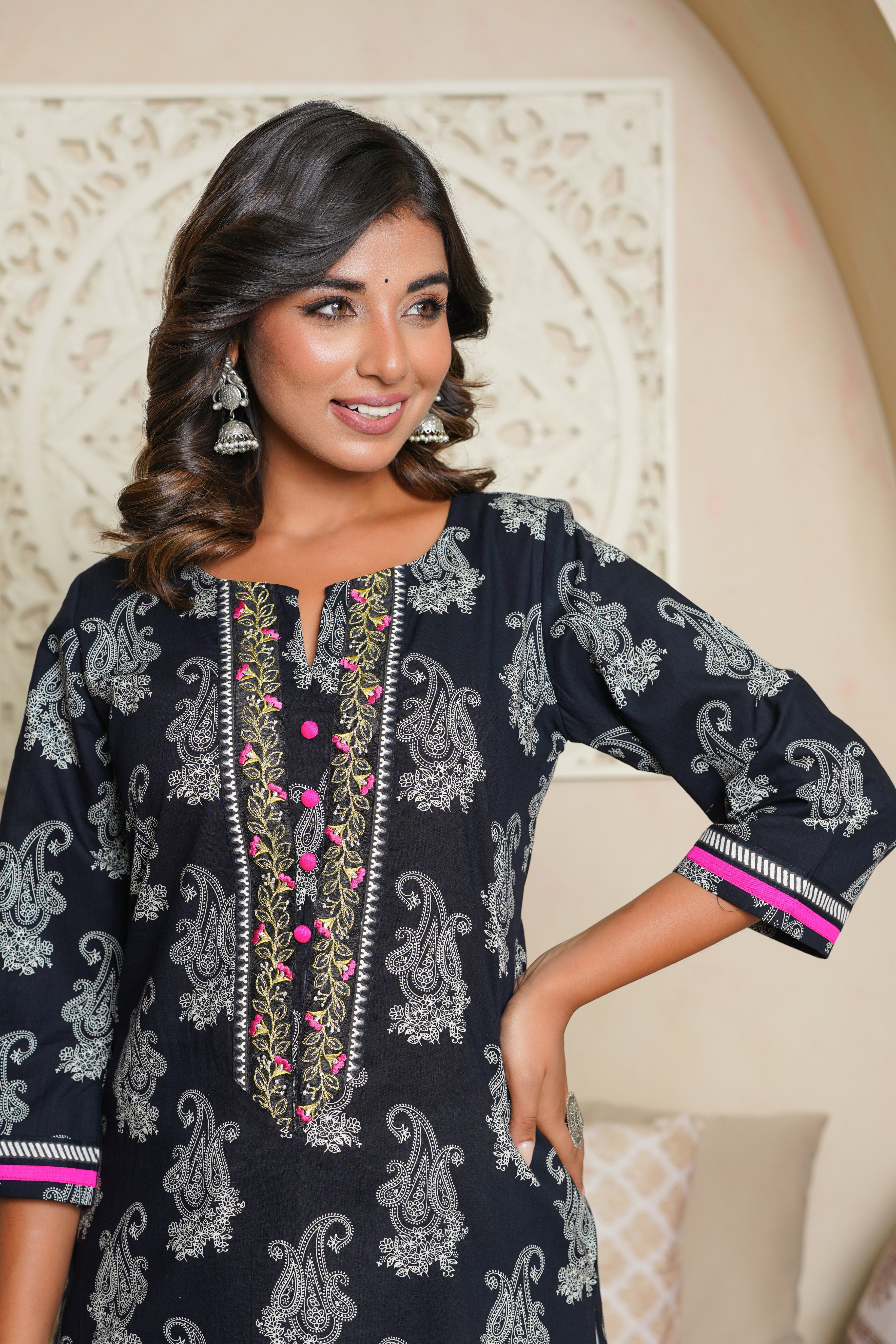 Black Motif Printed Cotton Kurta