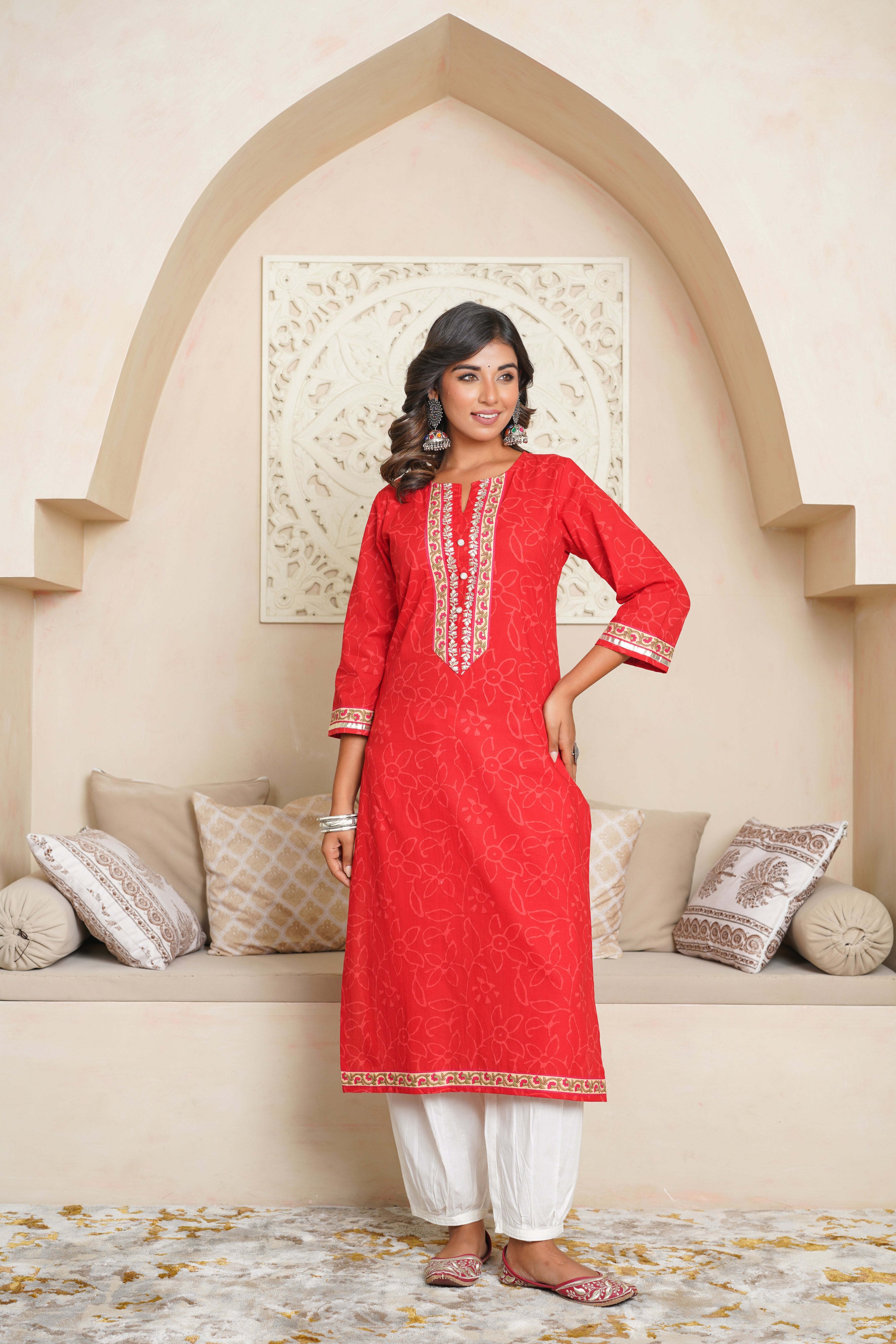 Red Floral Printed Cotton Kurta