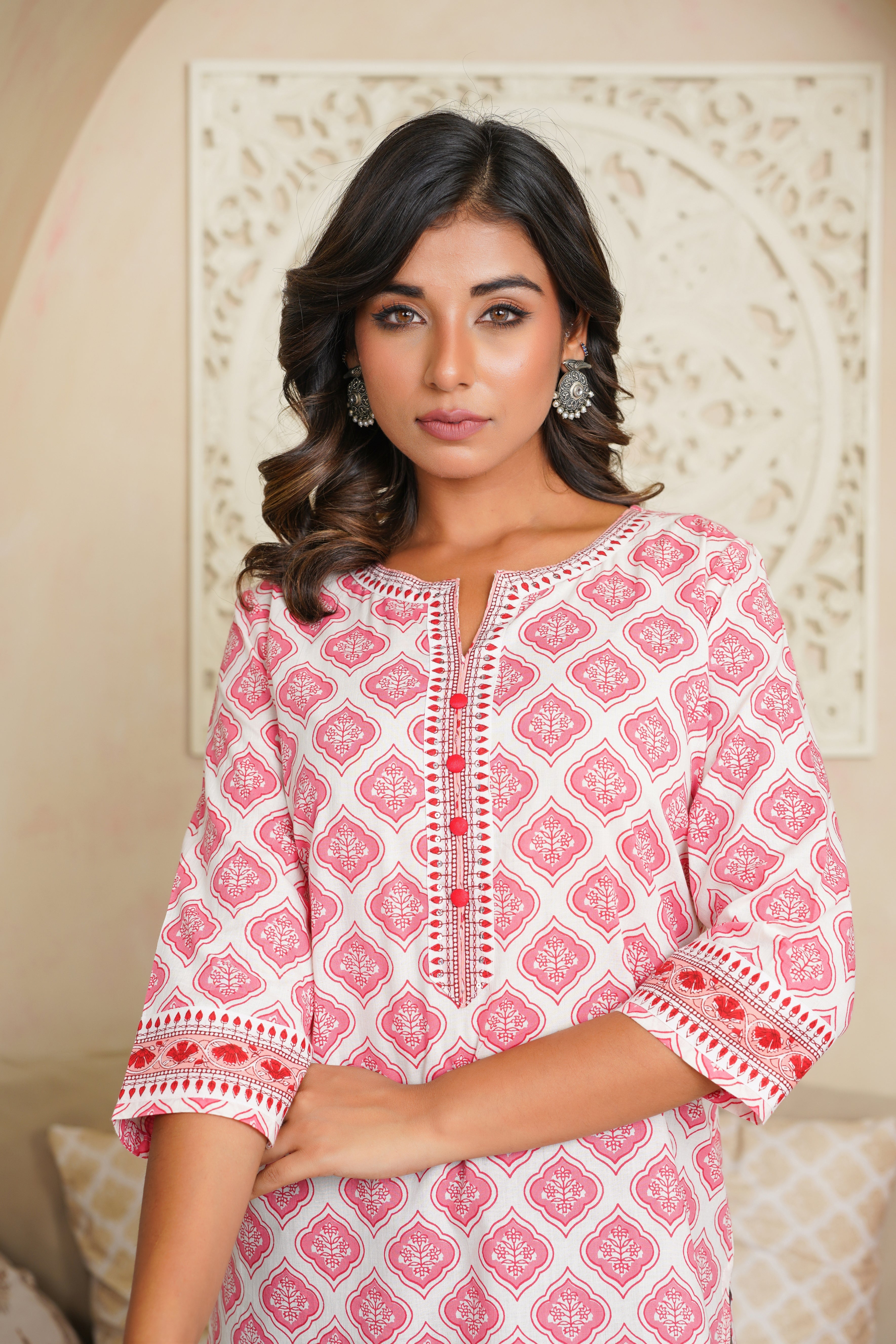 Pink Motif Printed Cotton Kurti