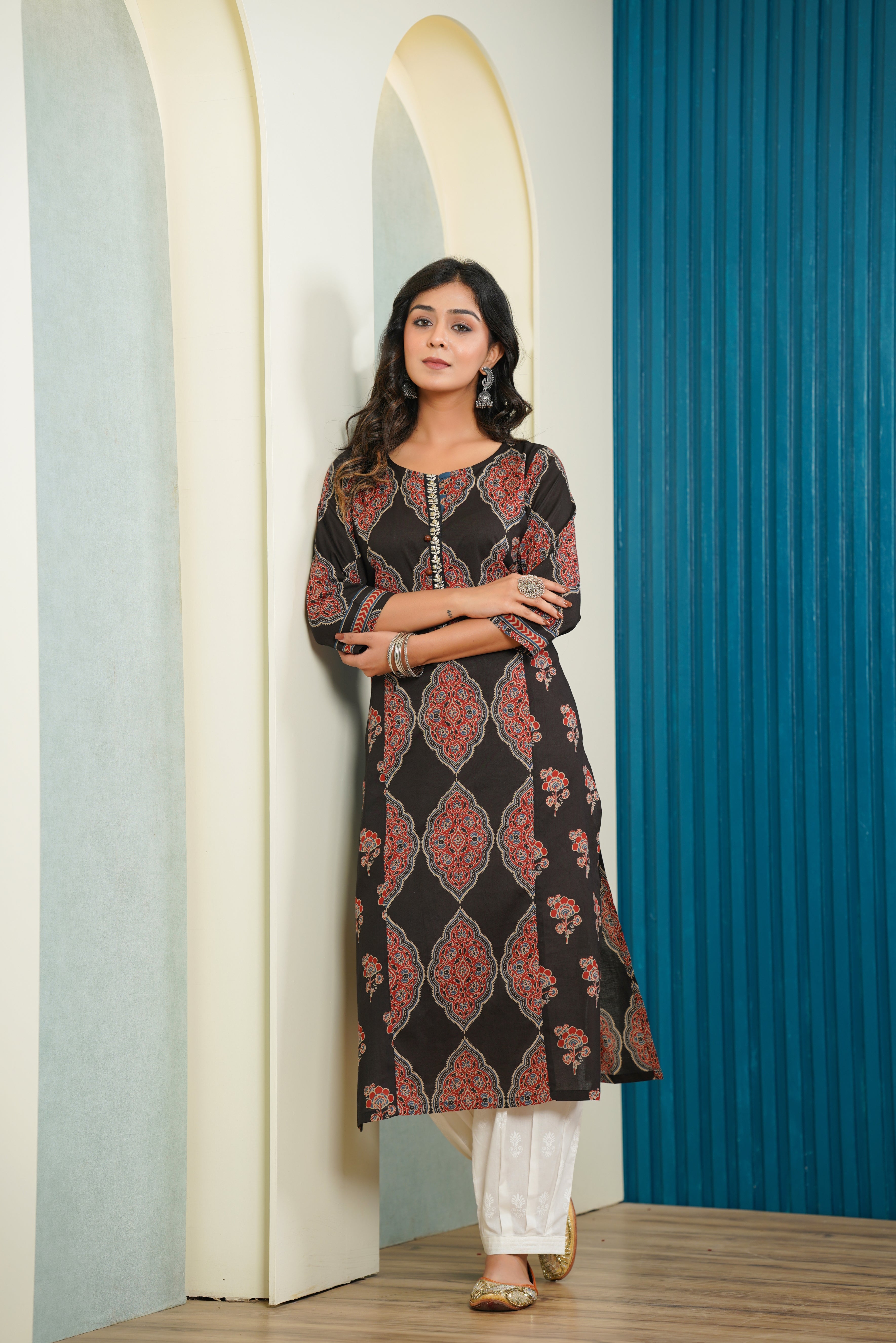 Black Motif Printed Cotton Kurta